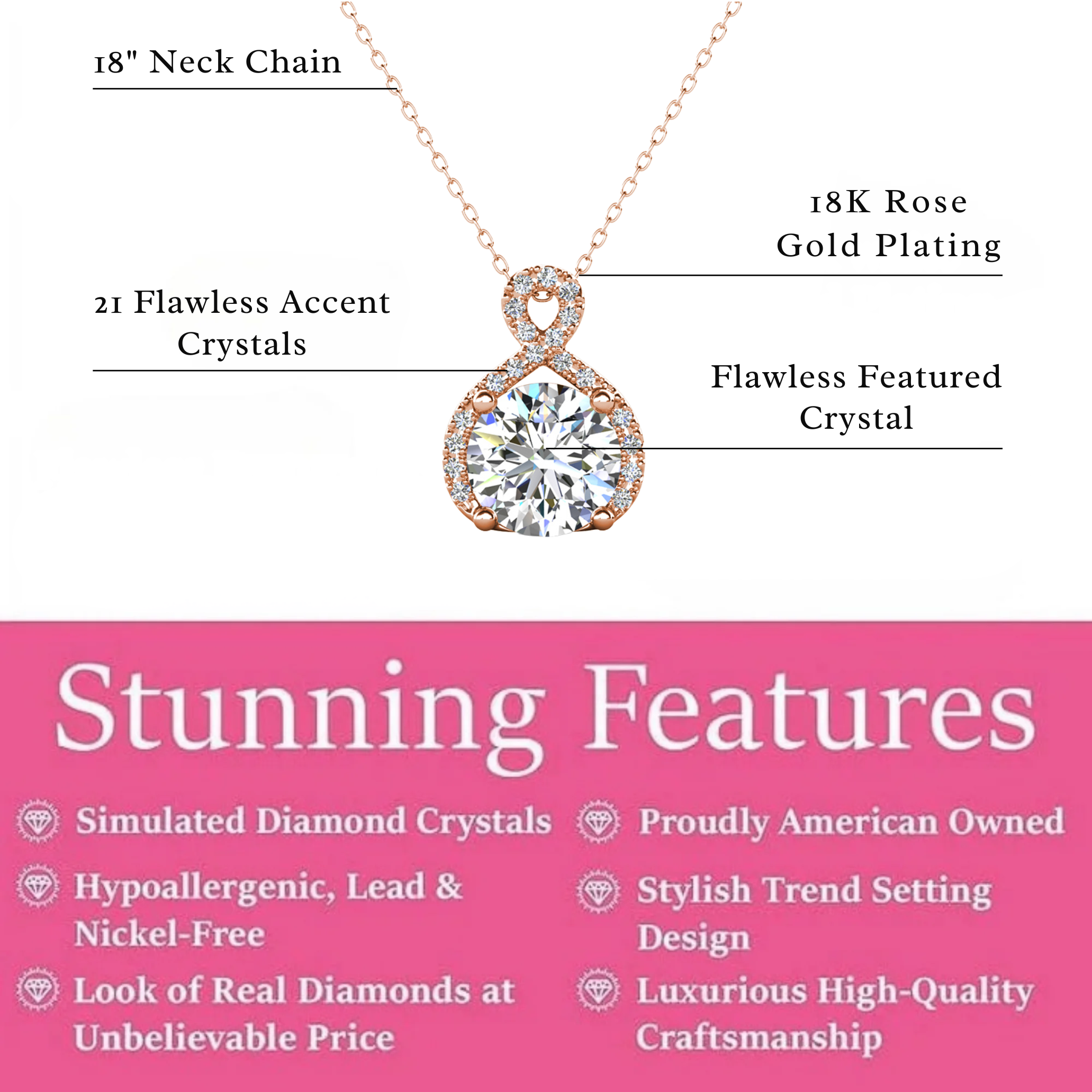 Alessandra 18k White Gold Plated Infinity Halo Pendant Necklace with Simulated Diamond Crystals (3 Pair Set)
