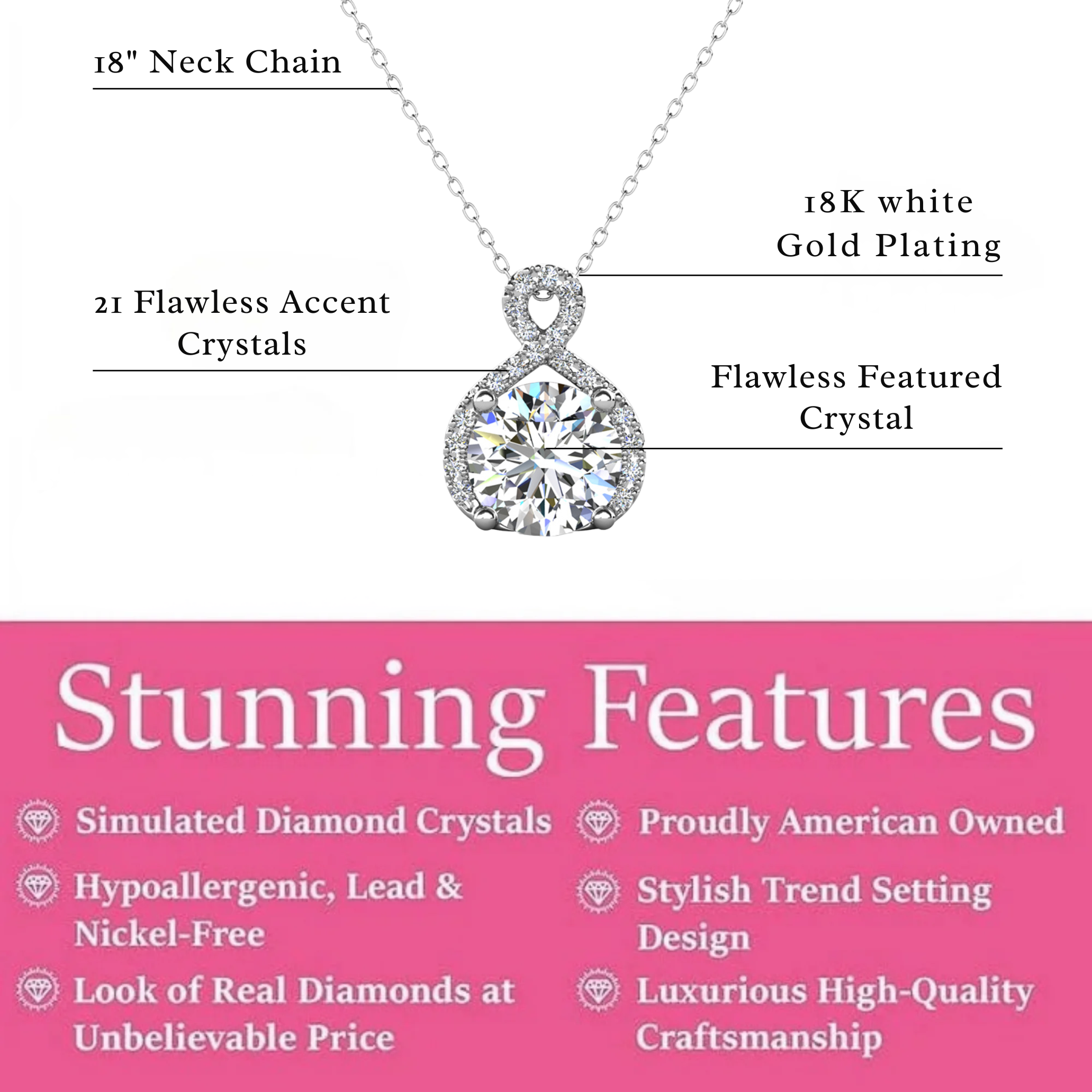 Alessandra 18k White Gold Plated Infinity Halo Pendant Necklace with Simulated Diamond Crystals (3 Pair Set)