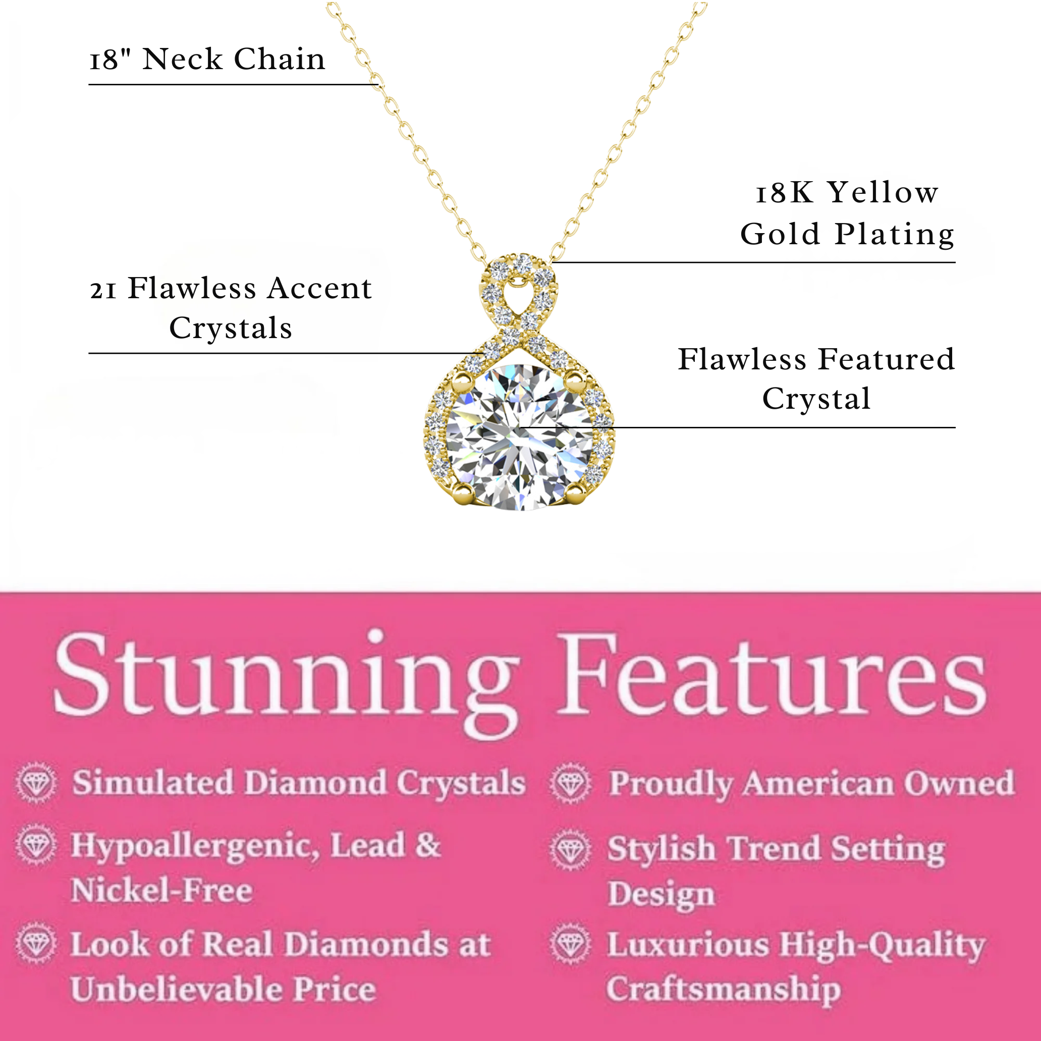Alessandra 18k White Gold Plated Infinity Halo Pendant Necklace with Simulated Diamond Crystals (3 Pair Set)