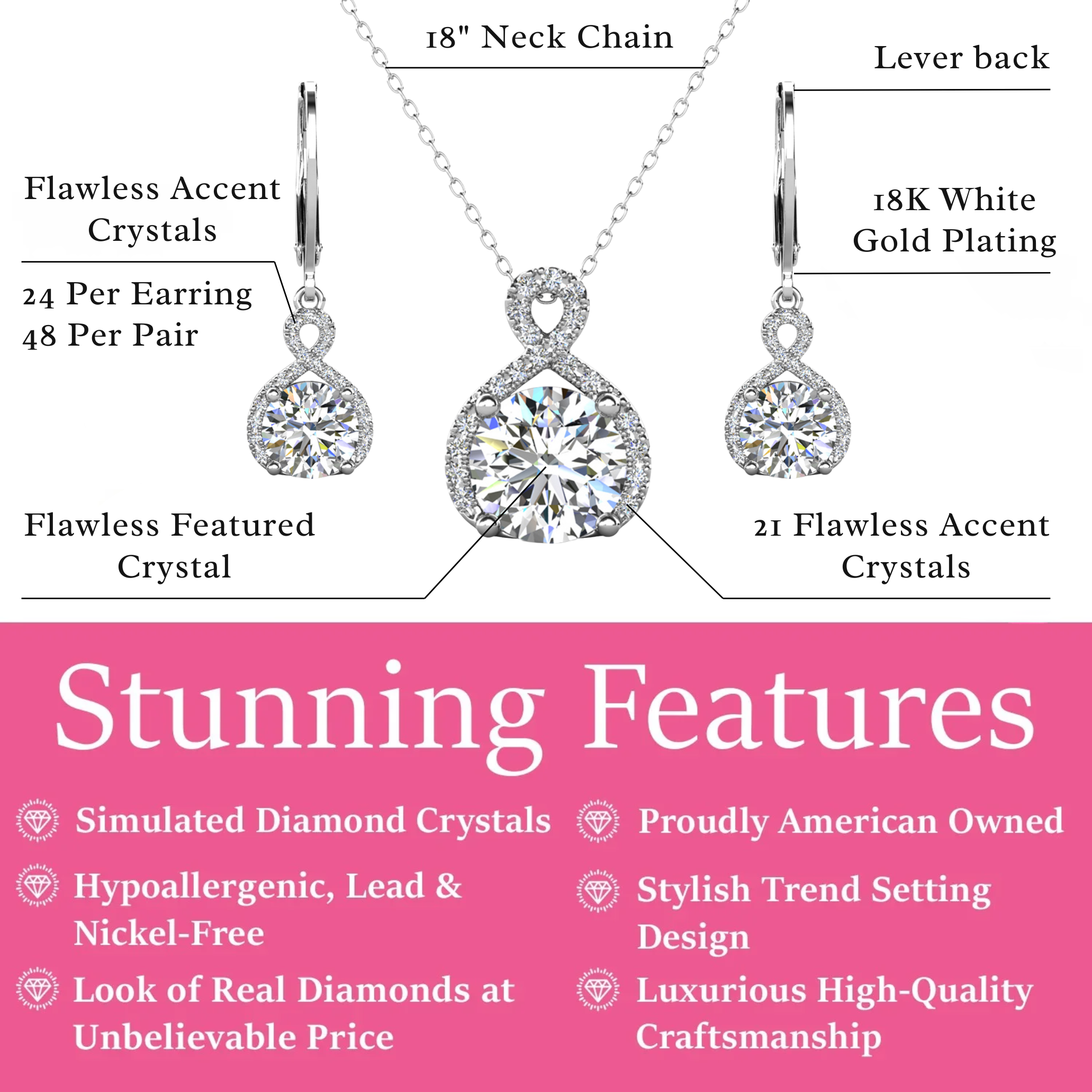 Alessandra 18k White Gold Plated Infinity Earrings and Necklace Jewelry Set with Simulated Diamond Crystals