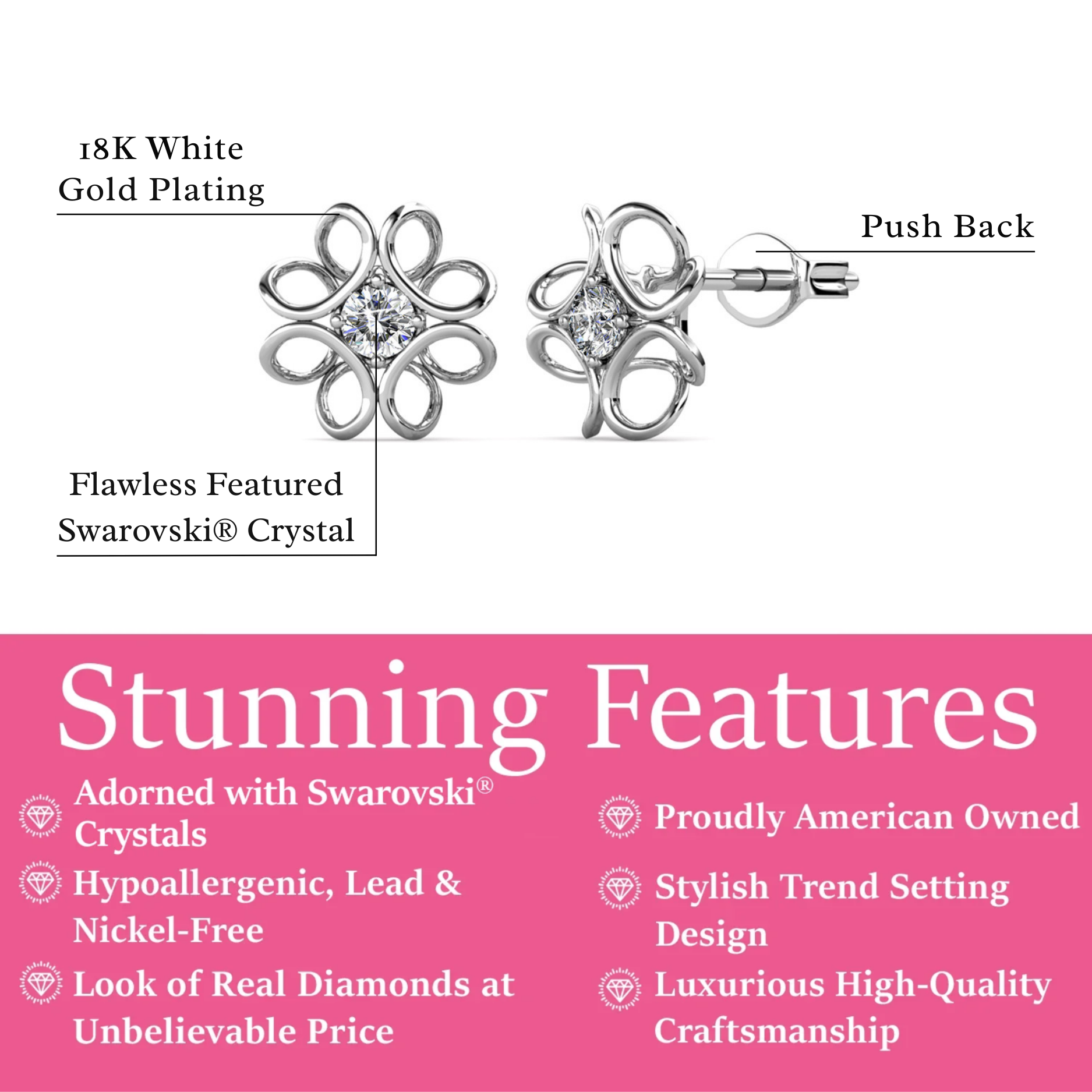 Alexis 18k White Gold Plated Flower Stud Earrings with Swarovski Crystals