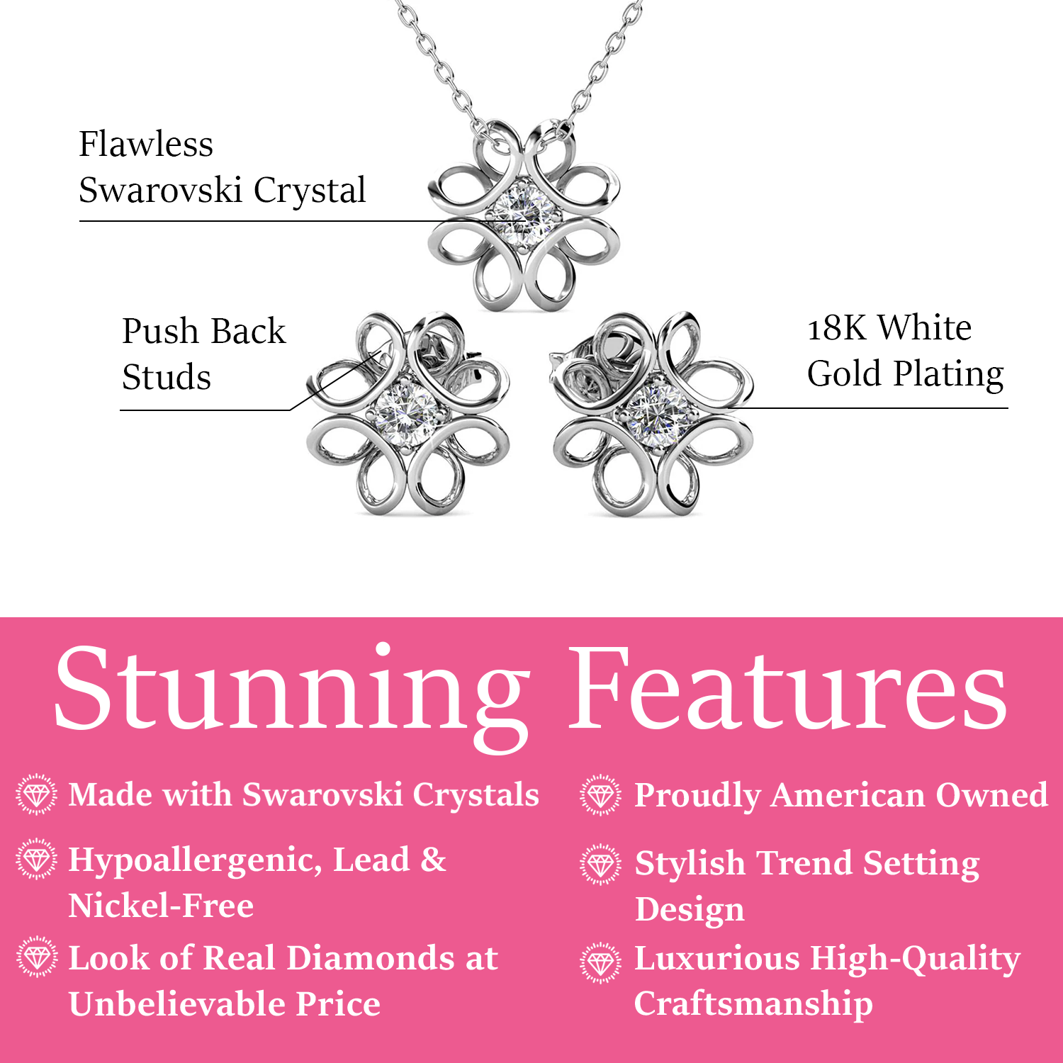 Alexis 18k White Gold Plated Flower Earring and Necklace Set with Swarovski Crystals