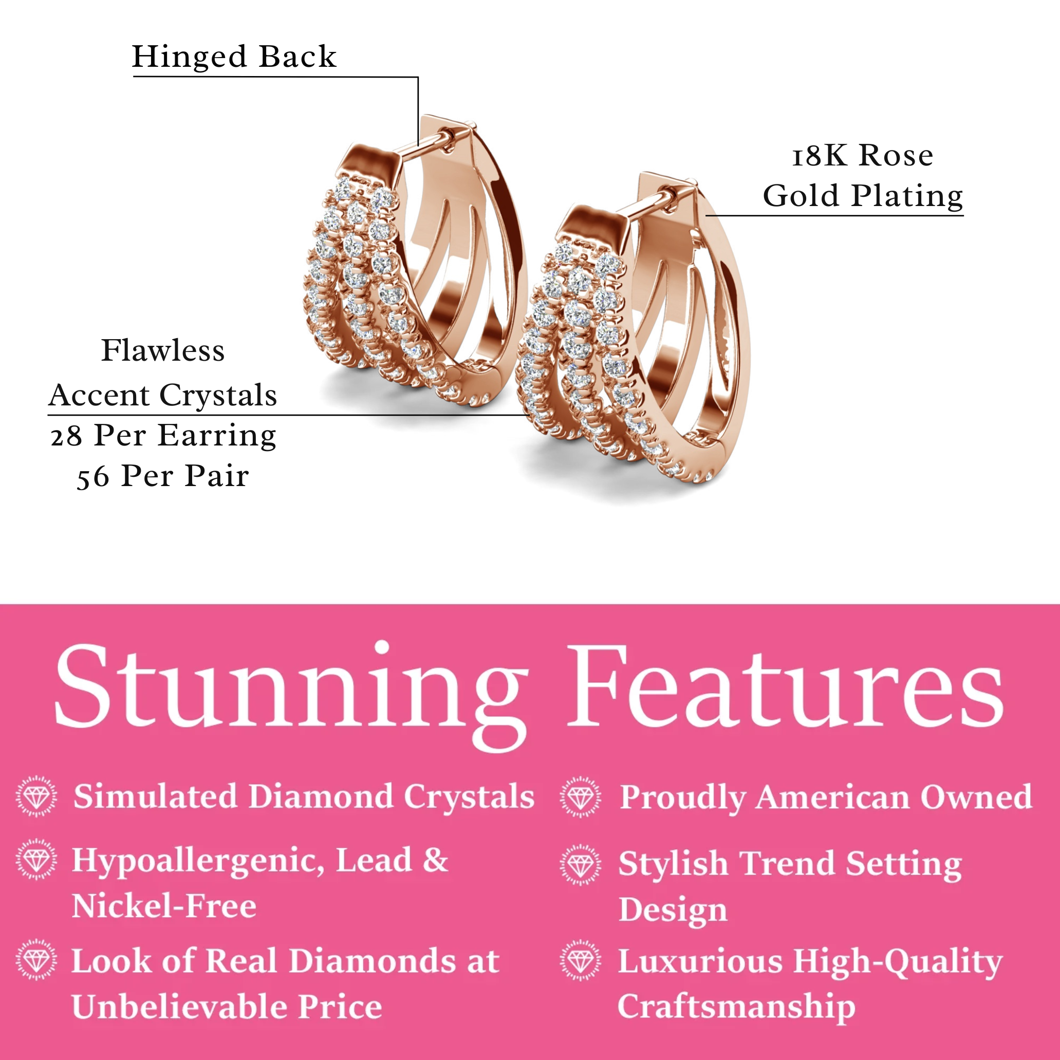 Aliyah 18k White Gold Plated 14mm Hoop Earrings with Simulated Diamond Crystals