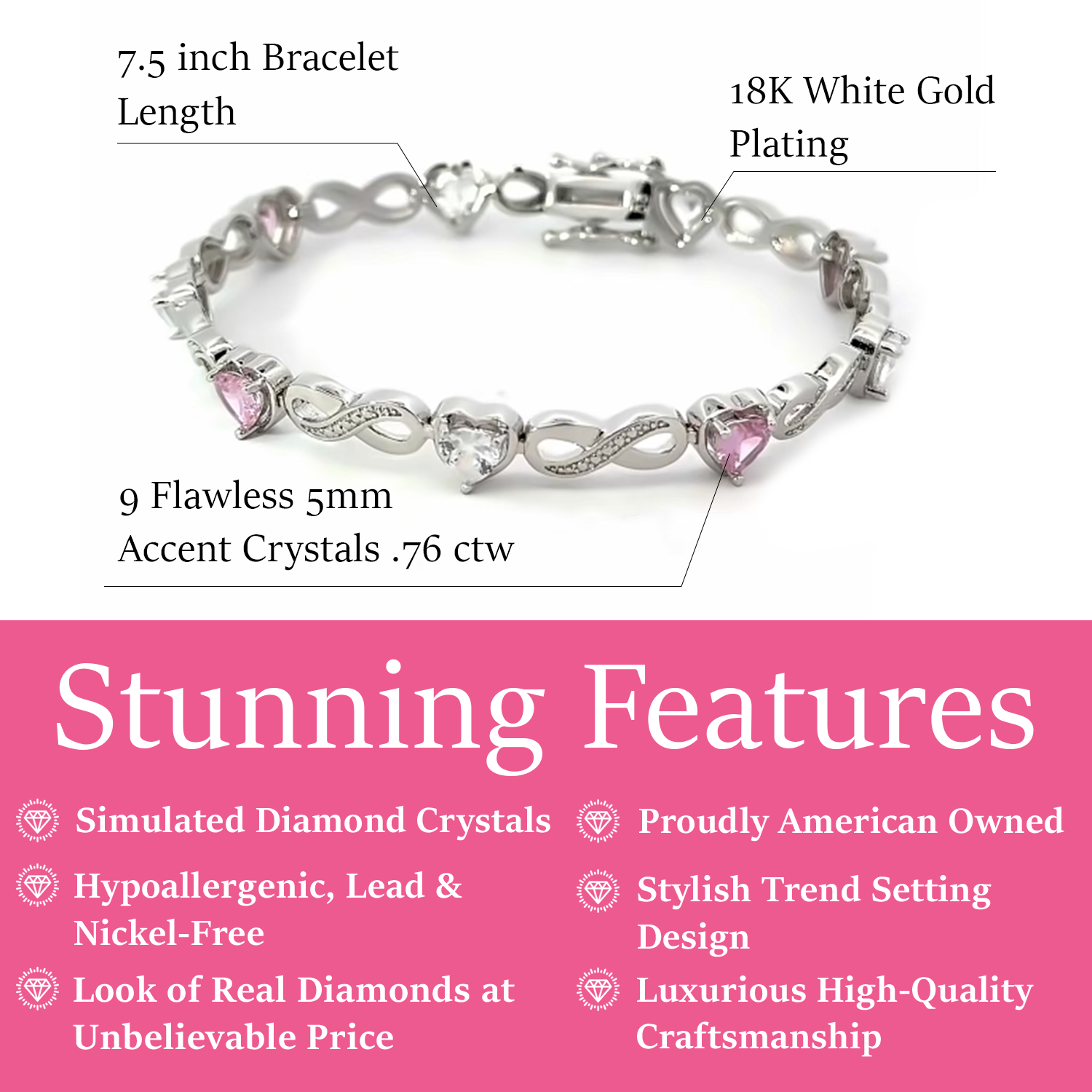 Amanda 18k White Gold Plated Infinity Heart Tennis Bracelet with Simulated Diamond Crystals