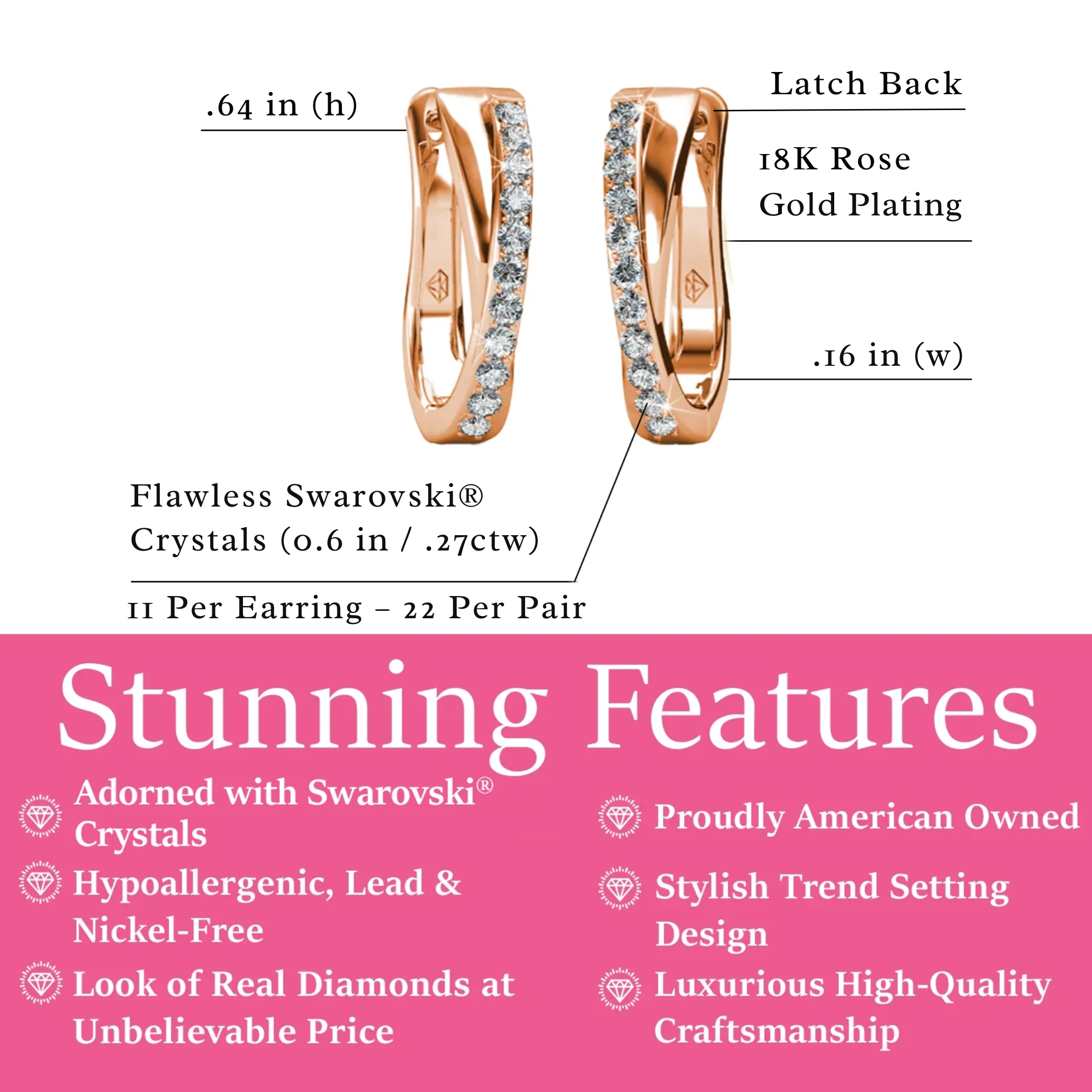 Amaya 18k Gold Plated 16mm Hoop Earrings with Swarovski Crystals (3 Pair Set)
