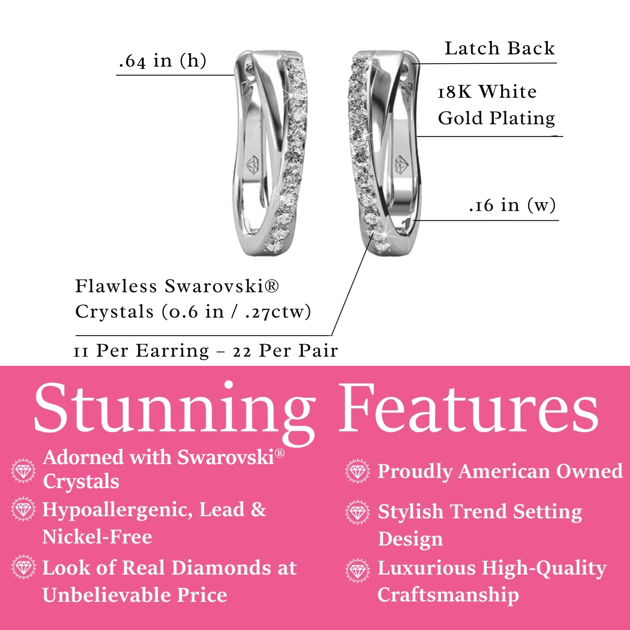 Amaya 18k Gold Plated 16mm Hoop Earrings with Swarovski Crystals (3 Pair Set)