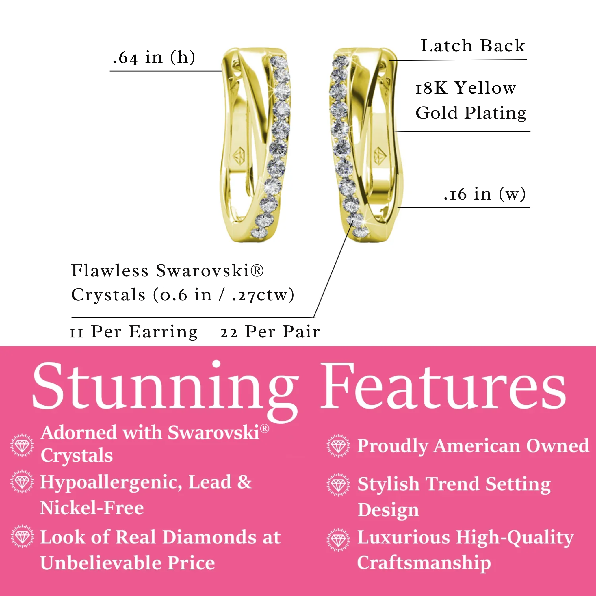 Amaya 18k Gold Plated 16mm Hoop Earrings with Swarovski Crystals (3 Pair Set)