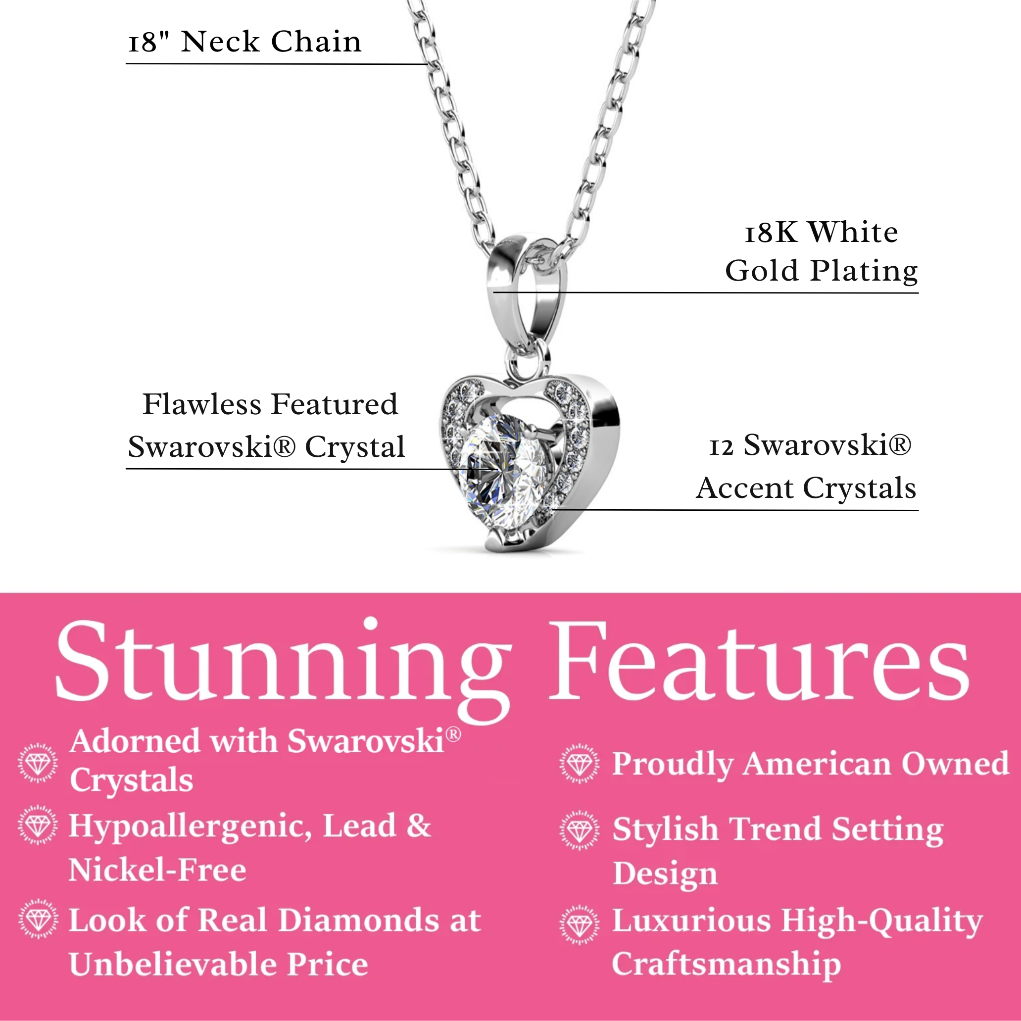 Amberly 18k White Gold Plated Heart Pendant Necklace with Solitaire Round Cut Swarovski Crystals
