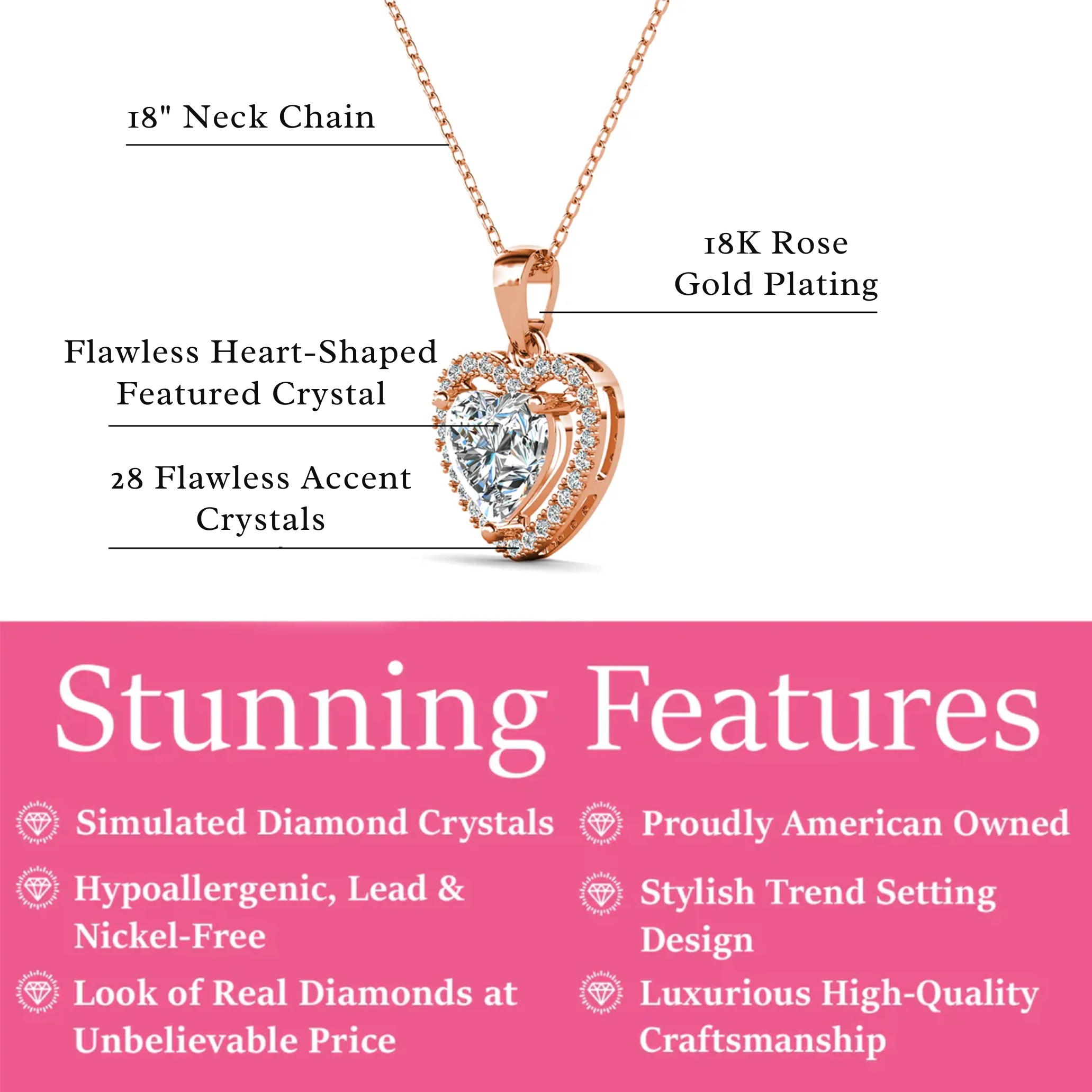 Amora 18k White Gold Plated Halo Heart Pendant Necklace with Simulated Diamond Crystals