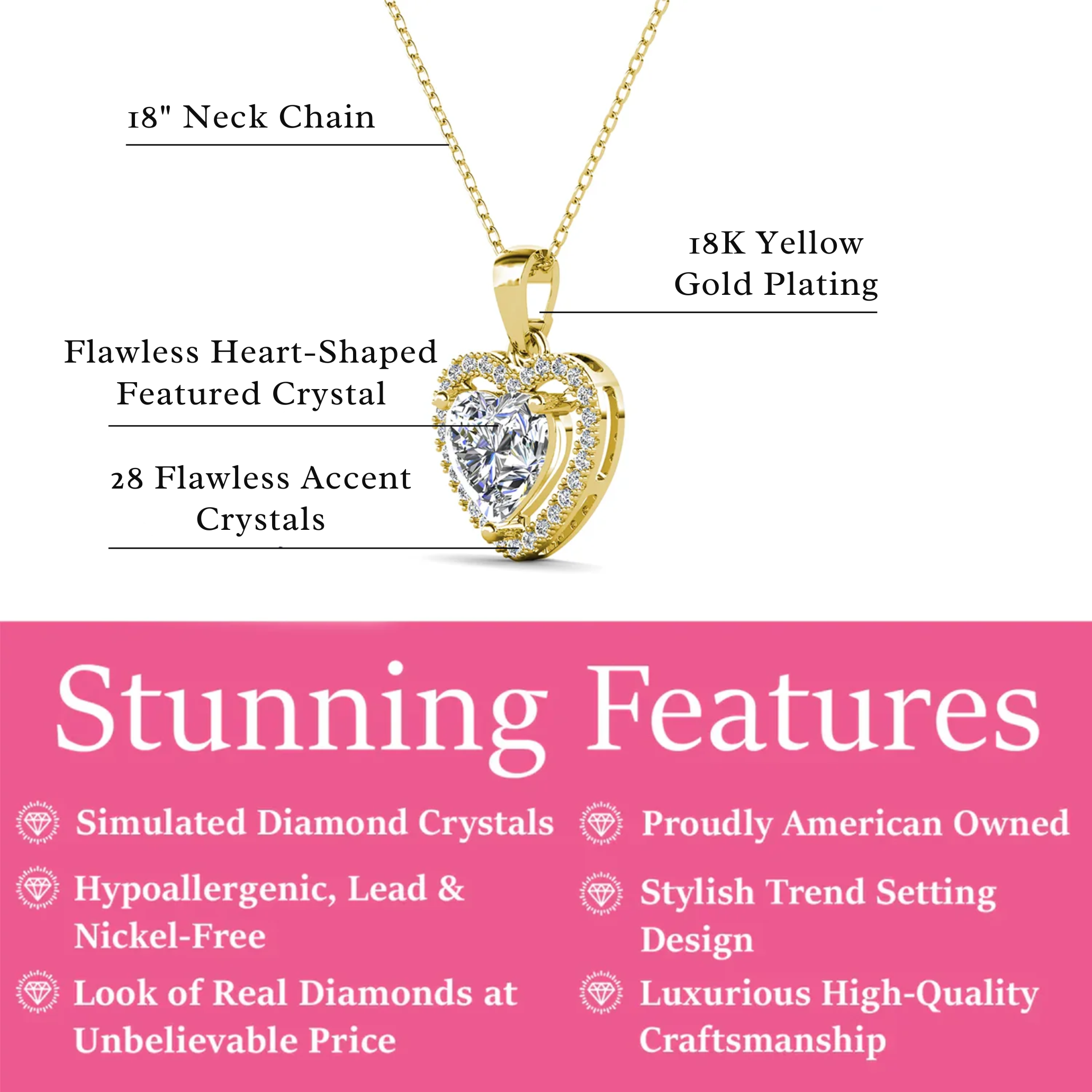 Amora 18k White Gold Plated Halo Heart Pendant Necklace with Simulated Diamond Crystals