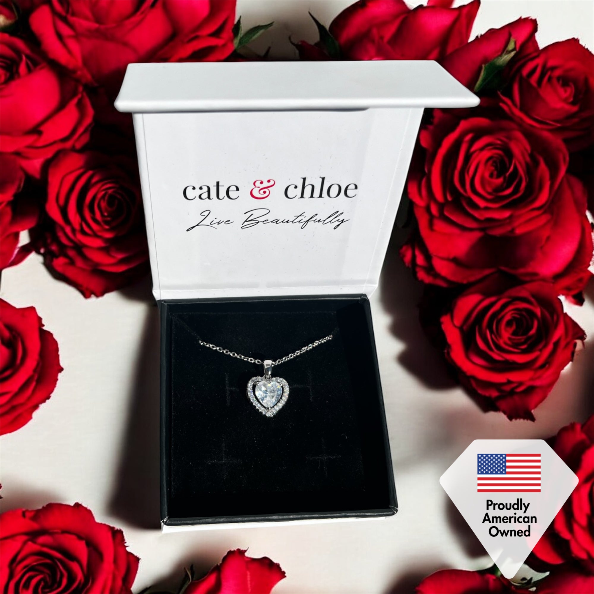 Amora 18k White Gold Plated Halo Heart Pendant Necklace with Simulated Diamond Crystals