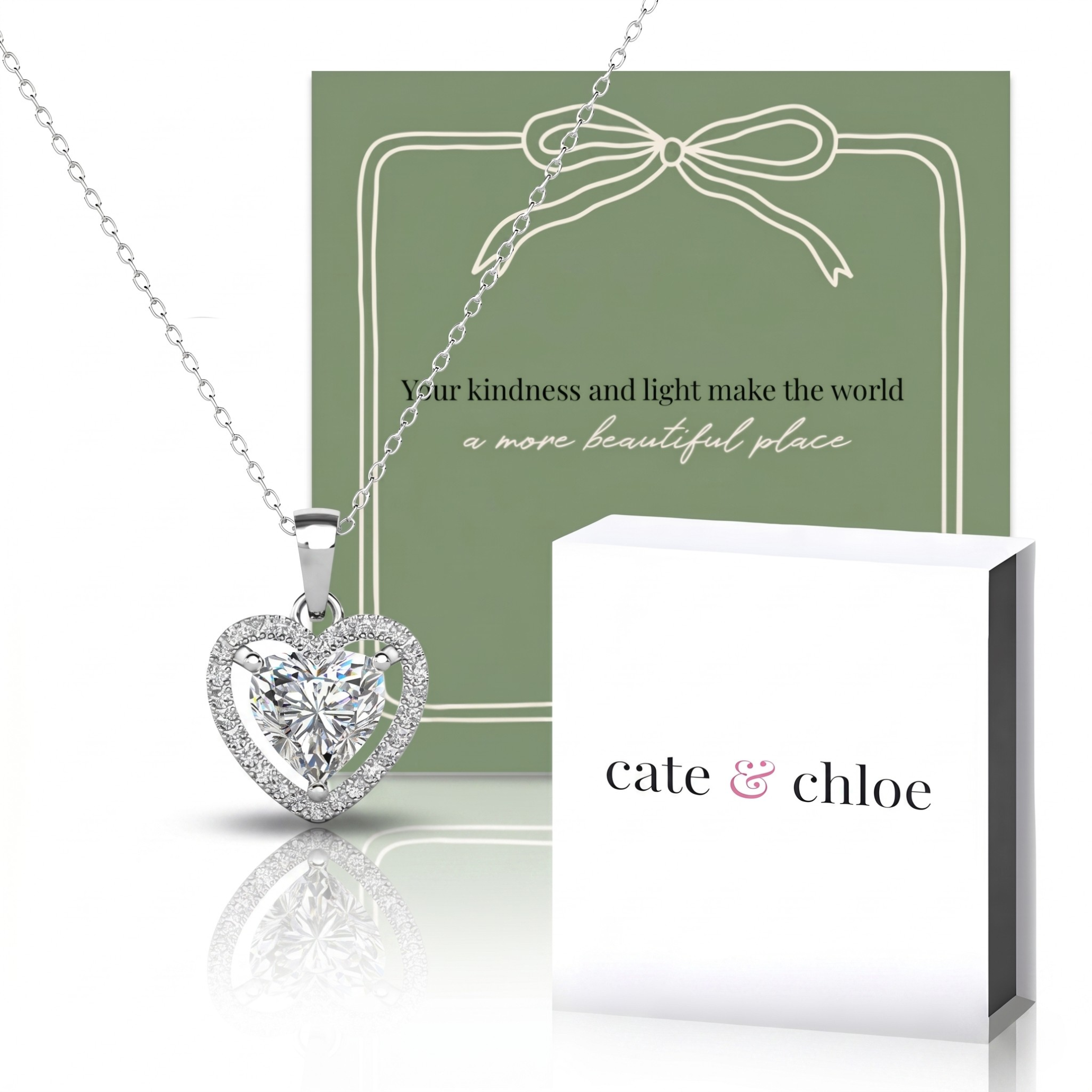 Amora 18k White Gold Plated Heart Necklace & Kindness and Light Green Bow Card