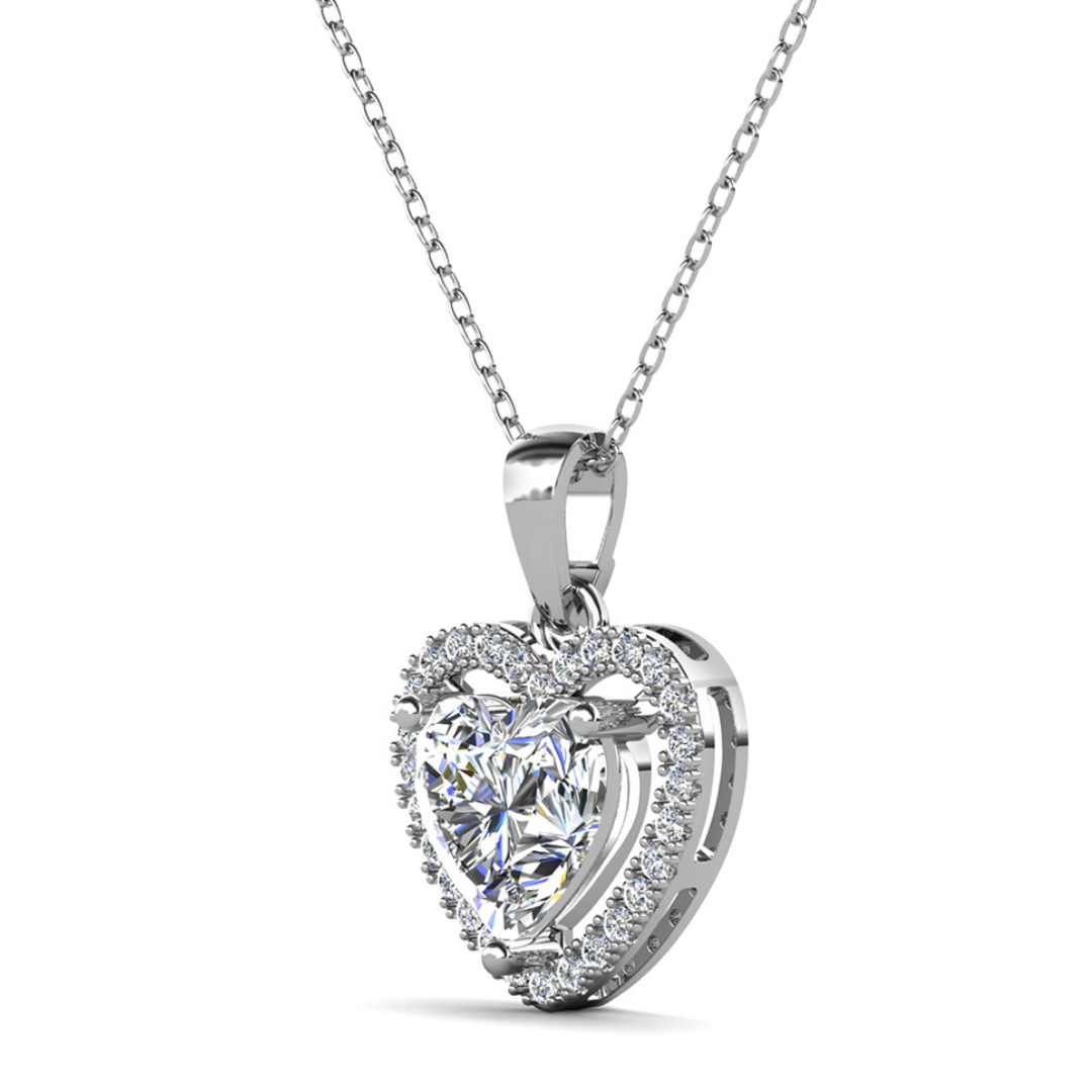 Amora 18k White Gold Plated Halo Heart Pendant Necklace with Simulated Diamond Crystals