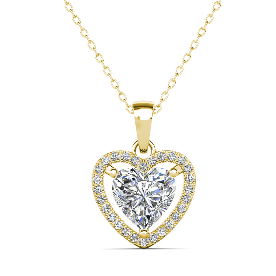 Amora 18k White Gold Plated Halo Heart Pendant Necklace with Simulated Diamond Crystals