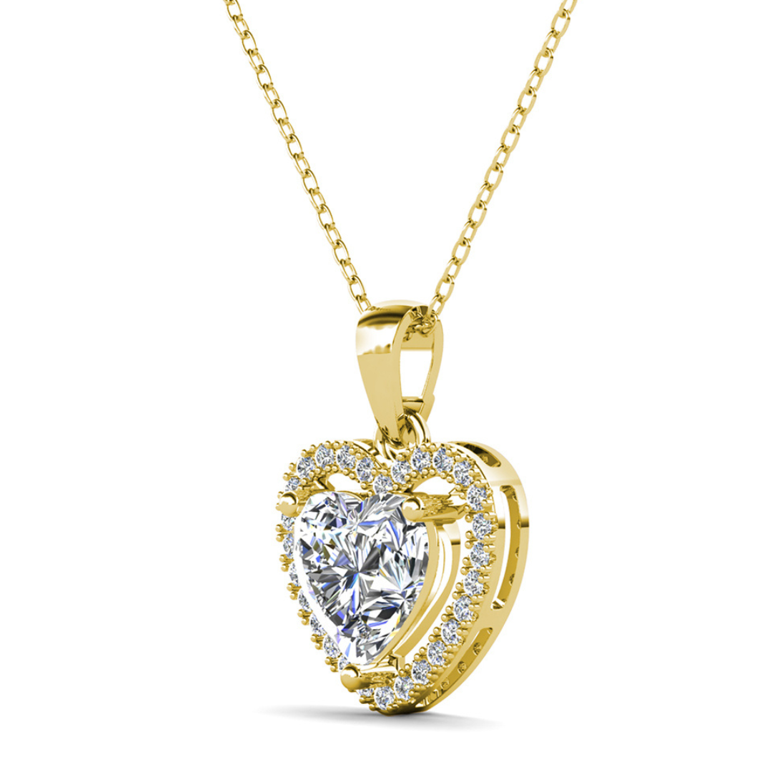 Amora 18k White Gold Plated Halo Heart Pendant Necklace with Simulated Diamond Crystals