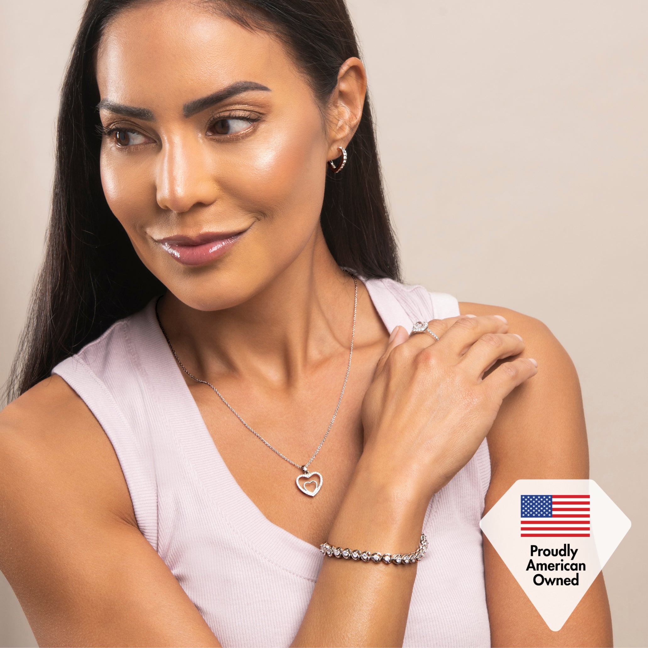 Amorette 18k White Gold Plated Double Heart Pendant Necklace with Pave Simulated Diamond Crystals