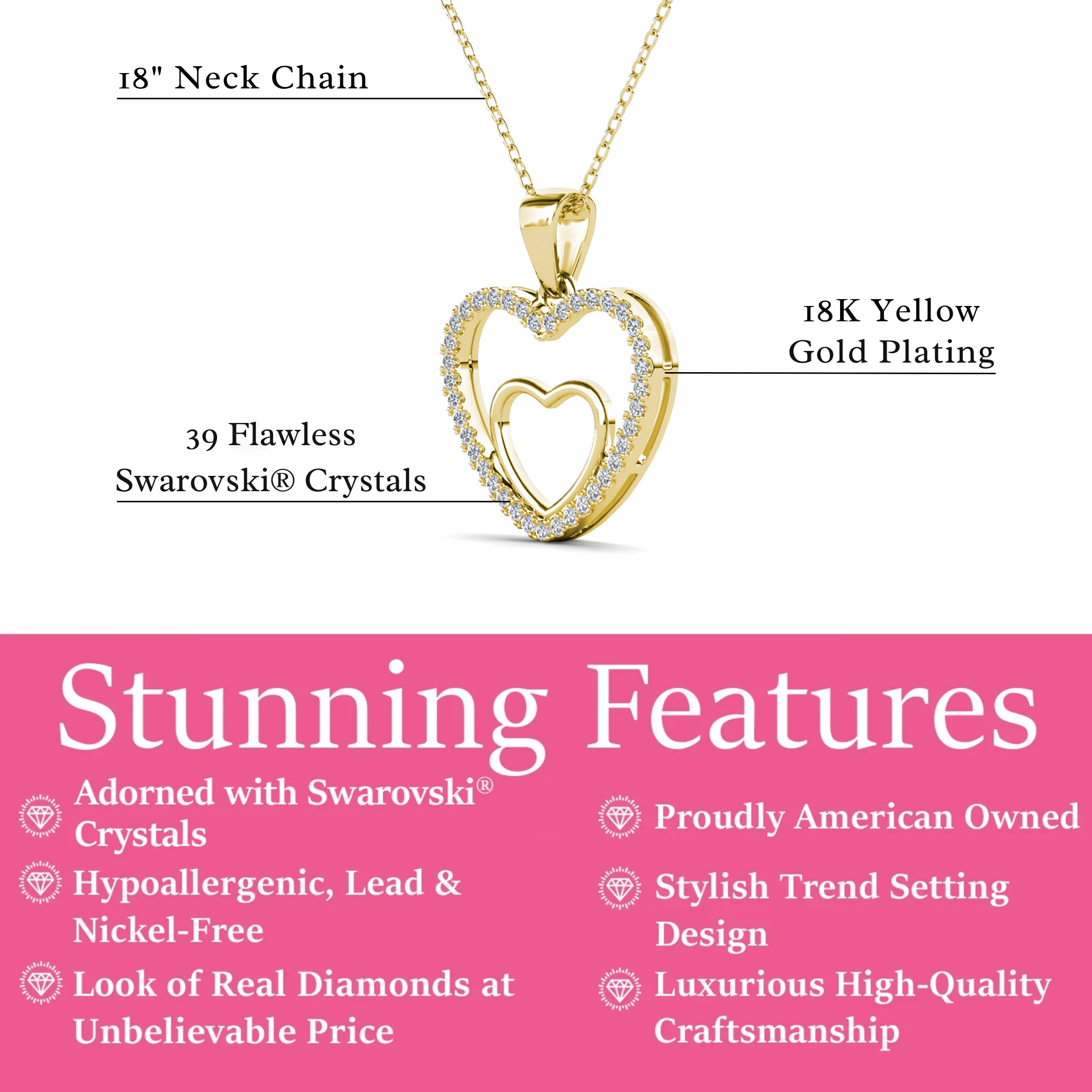 Amorette 18k White Gold Plated Double Heart Pendant Necklace with Pave Simulated Diamond Crystals