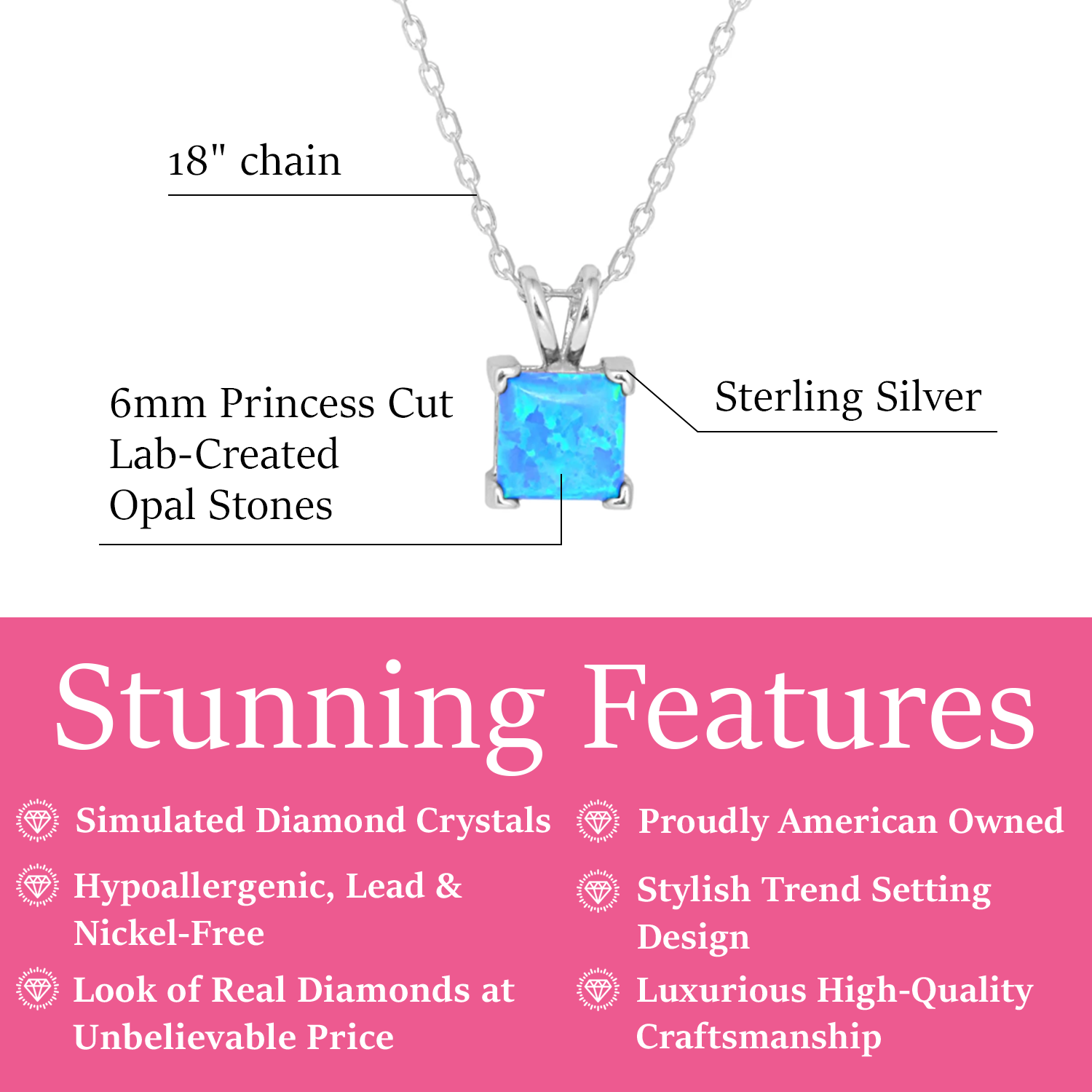 Amphitrite 18k White Gold Plated Pendant Necklace with Princess Cut Opal Stone