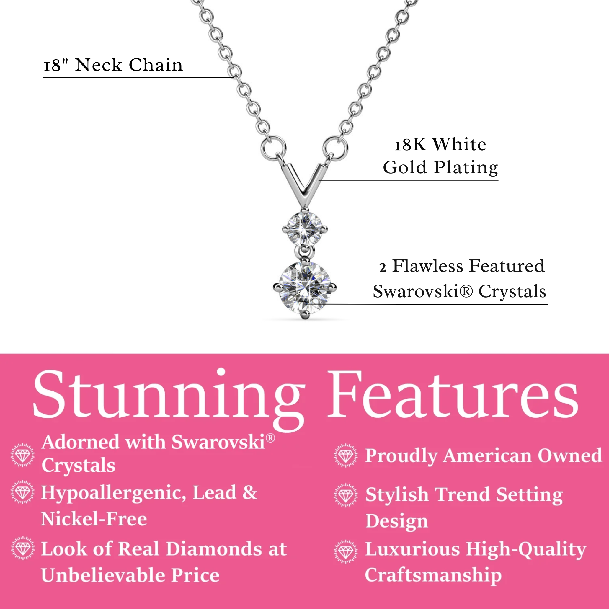 Andy 18k White Gold Plated 2-Stone Pendant Necklace with Swarovski Crystals