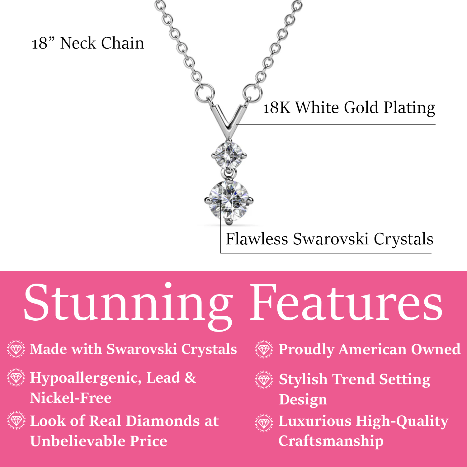 Andy 18k White Gold Plated 2-Stone Pendant Necklace with Swarovski Crystals