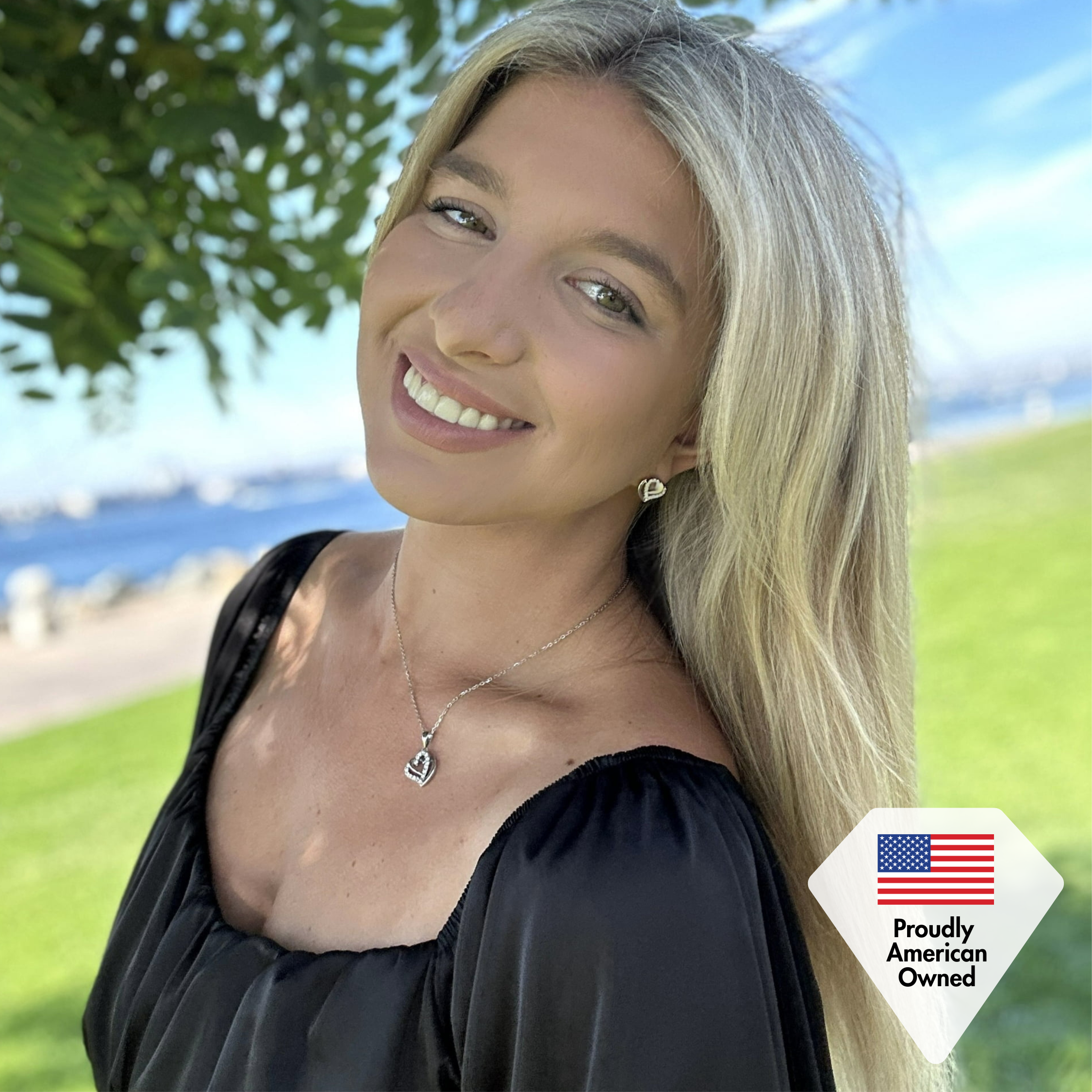 Angela 18k White Gold Plated Silver Double Heart Stud Earrings with Swarovski Crystals