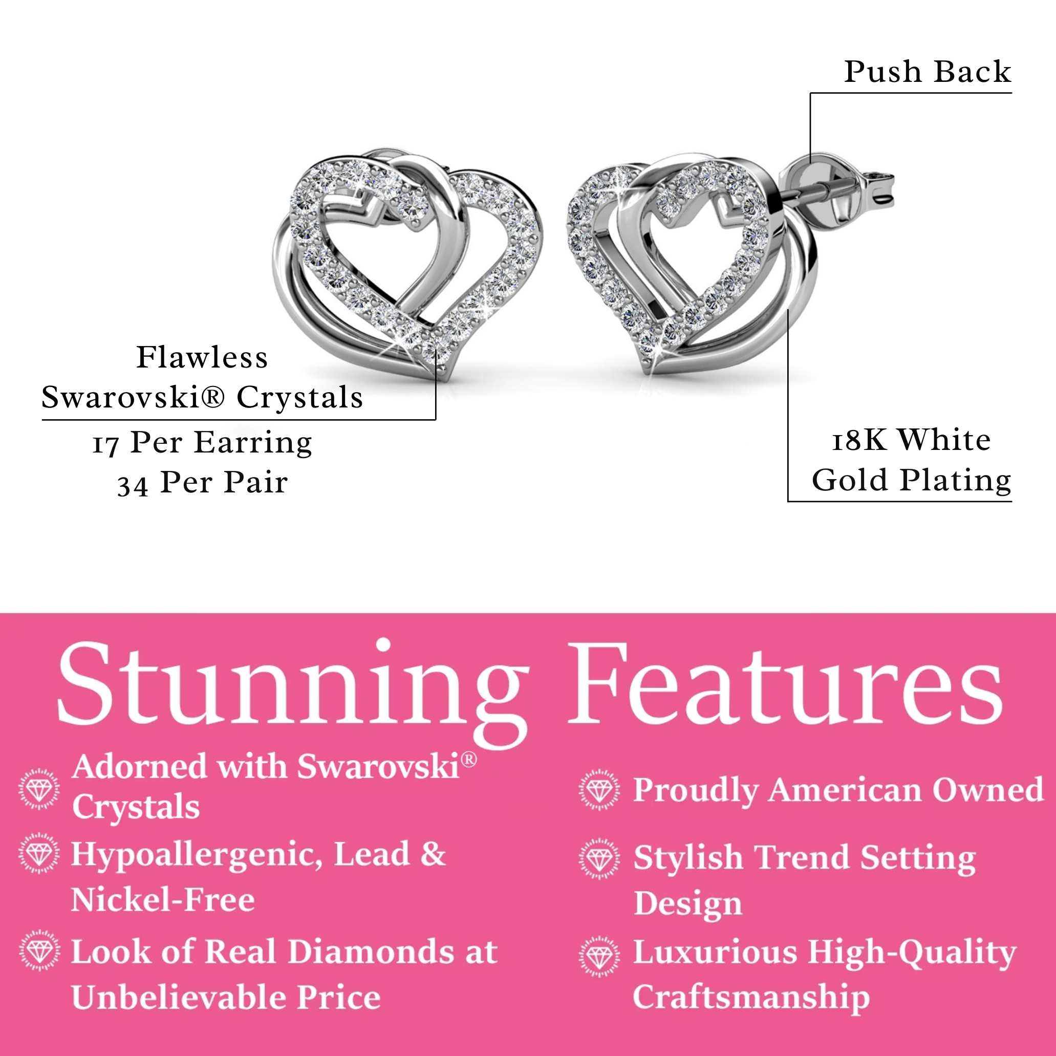 Angela 18k White Gold Plated Silver Double Heart Stud Earrings with Swarovski Crystals