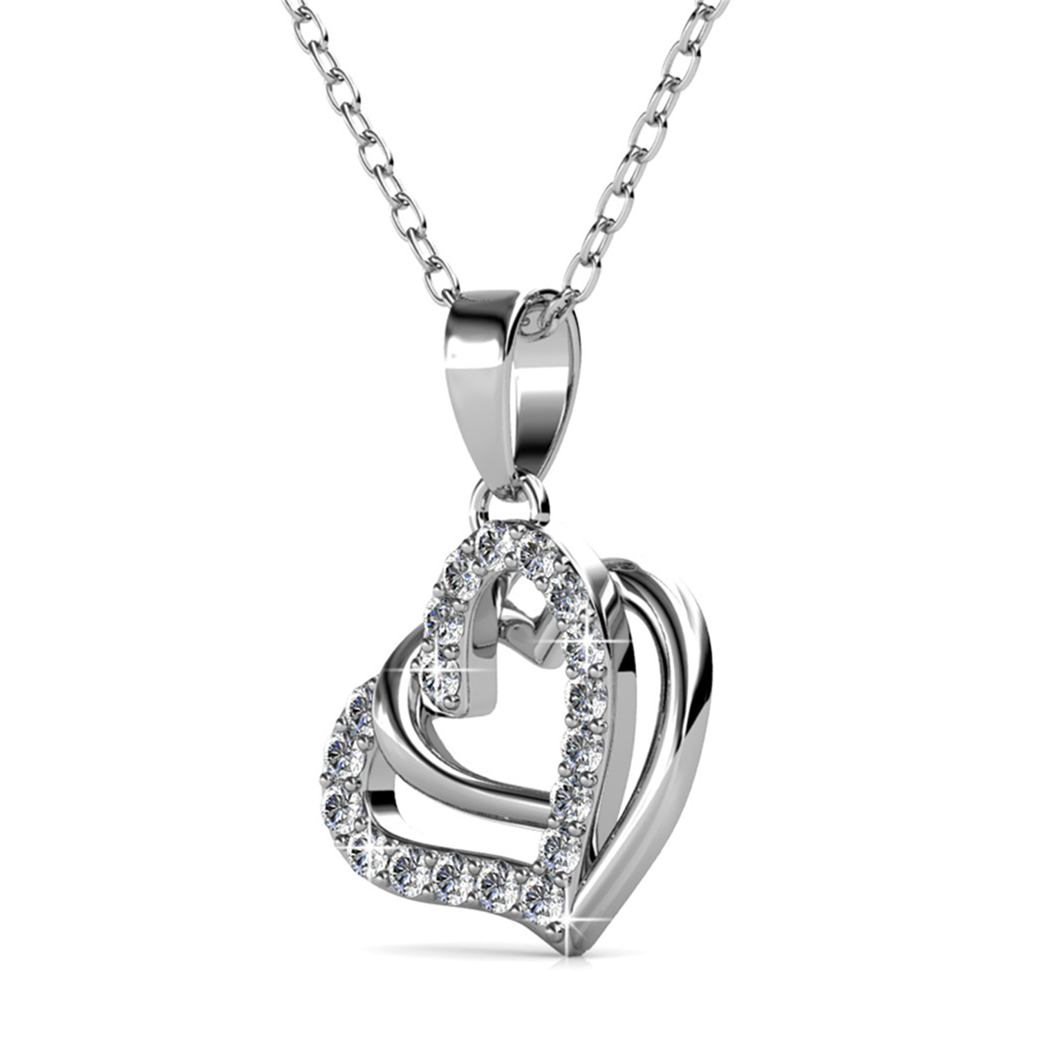 Angela 18k White Gold Plated Silver Necklace and Earring Set, Double Heart Jewelry Set with Swarovski Crystals