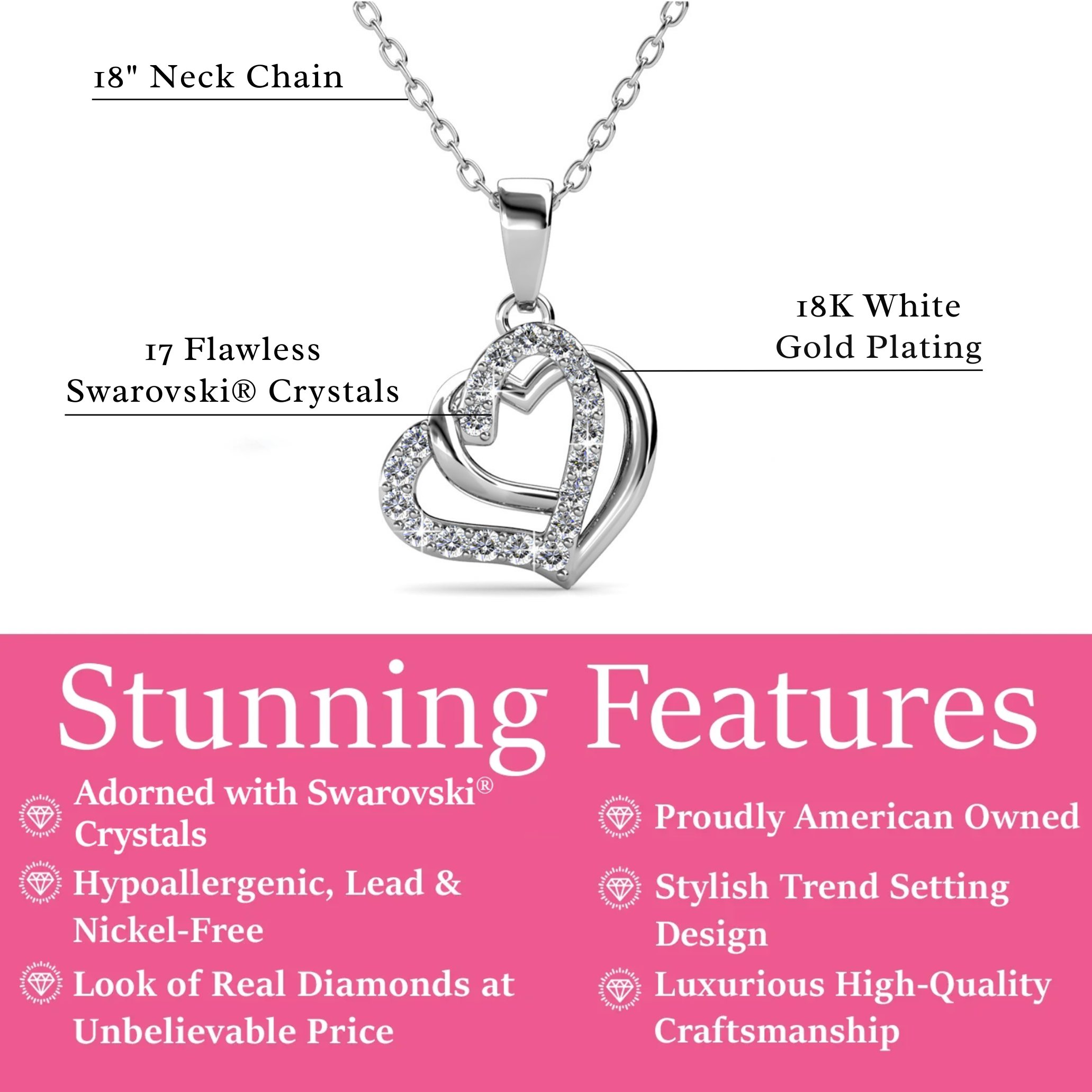 Angela 18k White Gold Plated Silver Double Heart Necklace with Swarovski Crystals