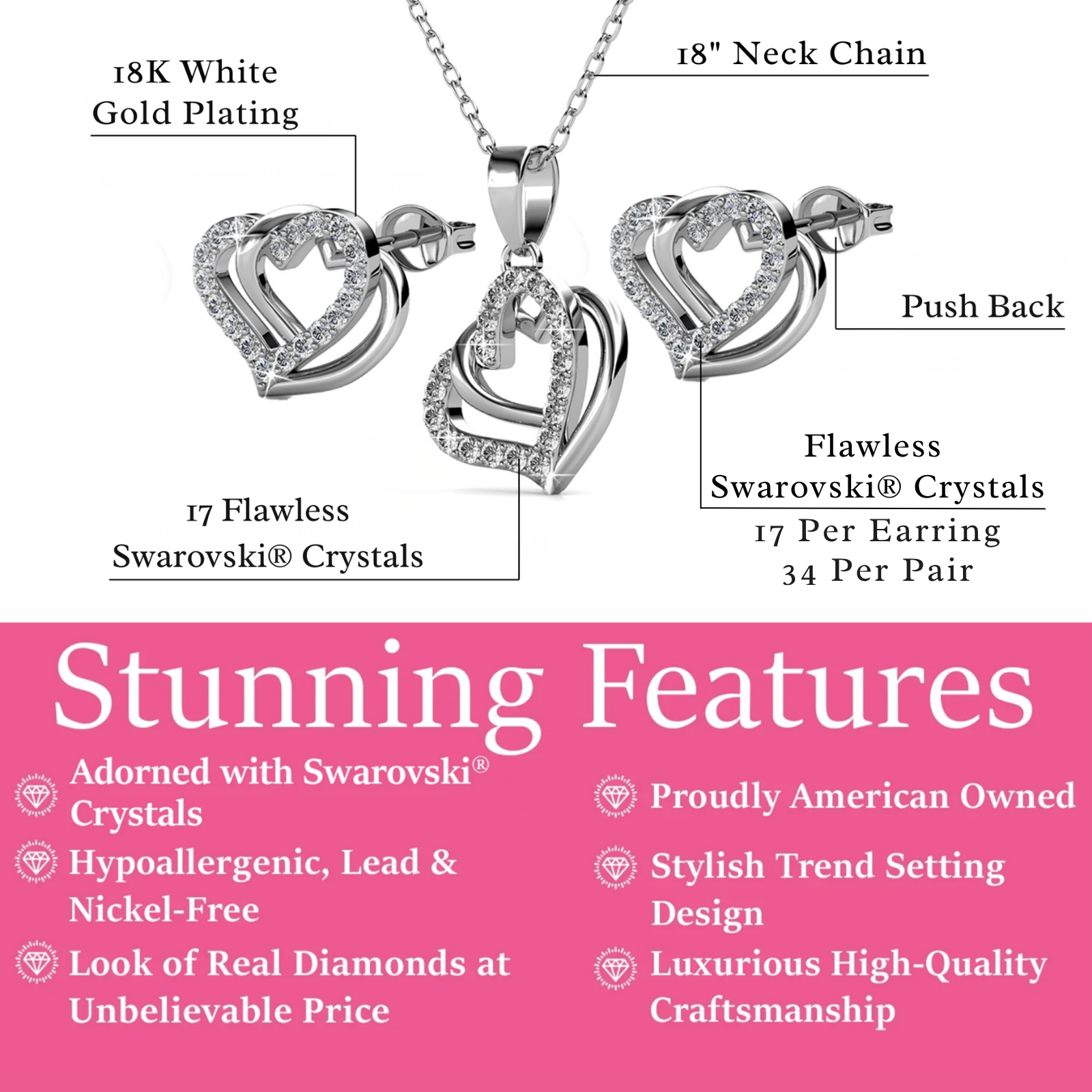 Angela 18k White Gold Plated Double Heart Stud Earrings and Necklace Set with Swarovski Crystals