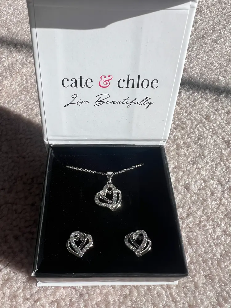 Angela 18k White Gold Plated Silver Necklace and Earring Set, Double Heart Jewelry Set with Swarovski Crystals