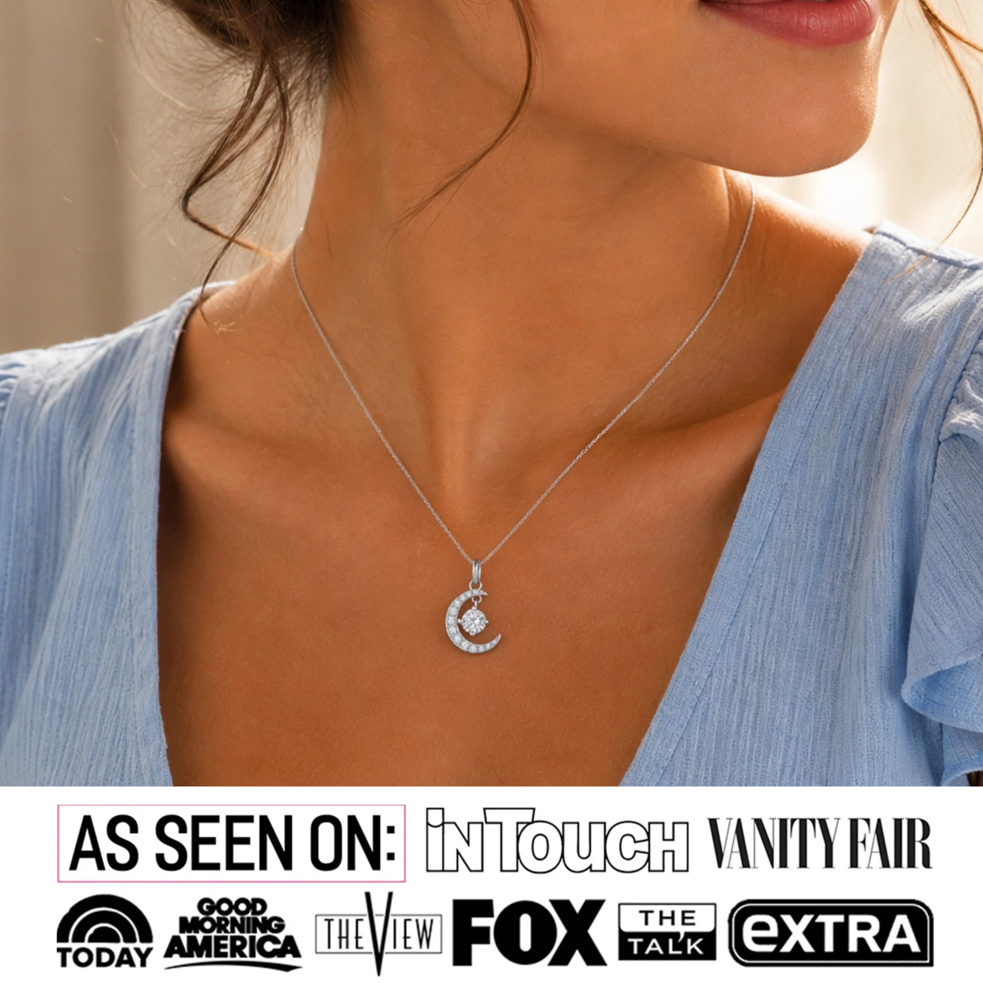 Luna Birthstone Necklace 18k White Gold Plated Crescent Pendant Necklace with Round Cut Swarovski Crystals