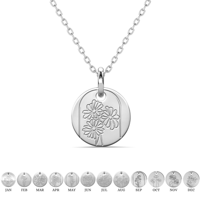 Floral 18k White Gold Plated Engraved Birth Month Flower Pendant Necklace - April - Daisy