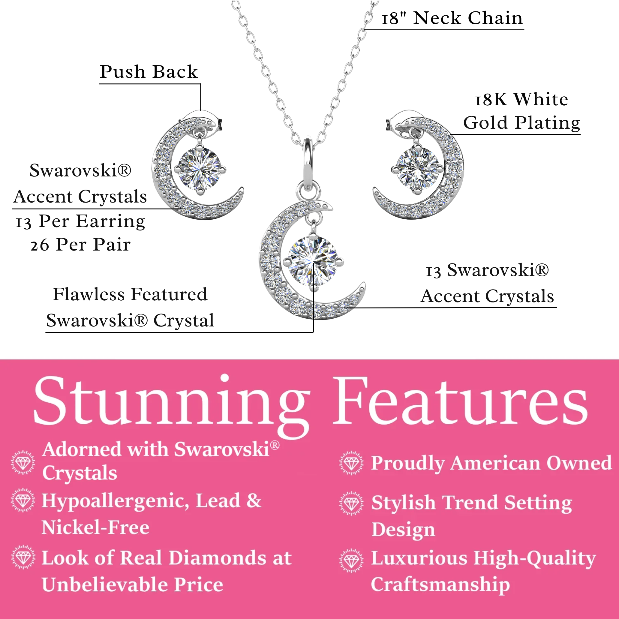 Luna Birthstone 18k White Gold Plated Silver Crescent Earrings and Necklace Set with Swarovski Crystals