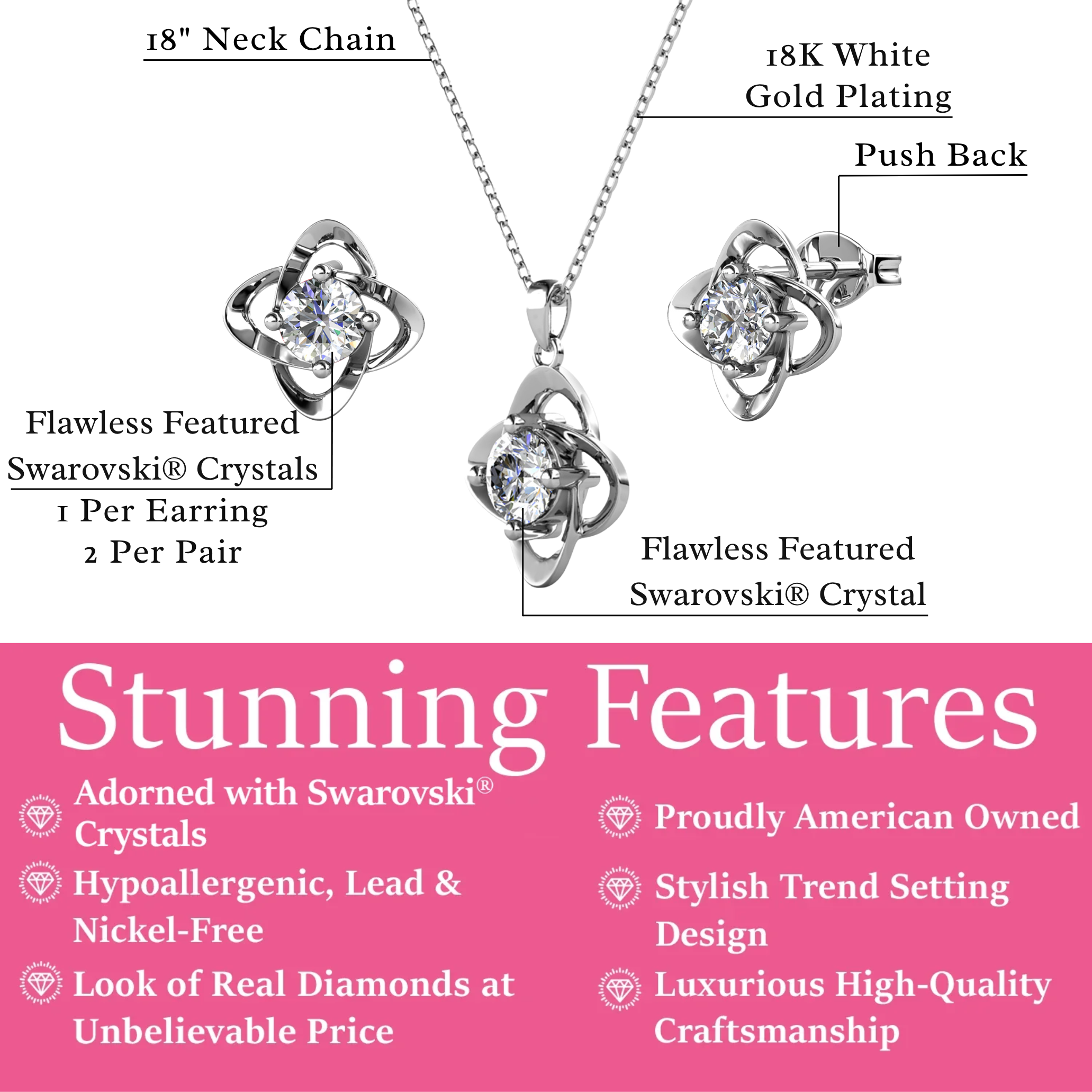 Infinity Birthstone 18k White Gold Plated Stud Earrings and Necklace Set with Swarovski Crystals