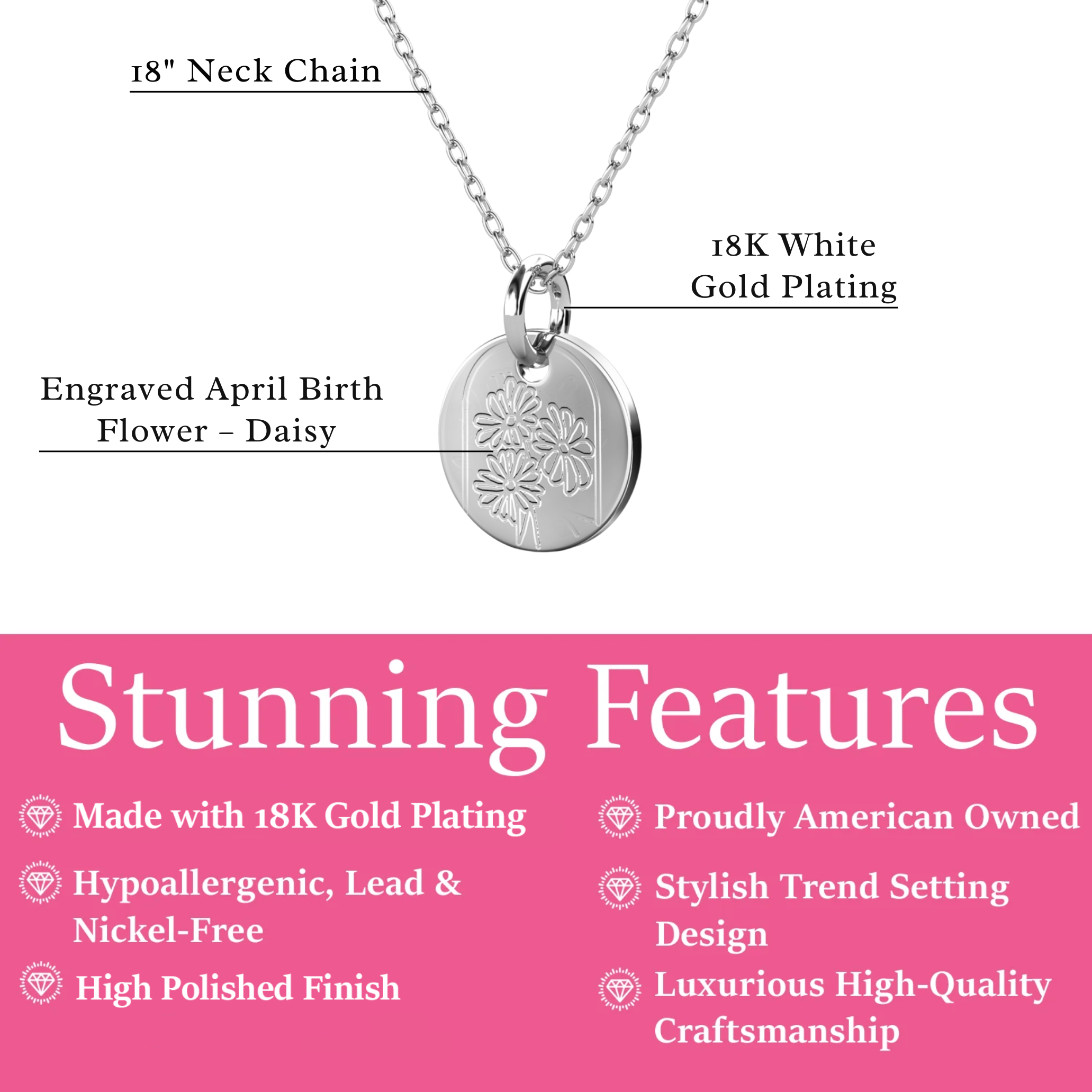 Floral 18k White Gold Plated Engraved Birth Month Flower Pendant Necklace