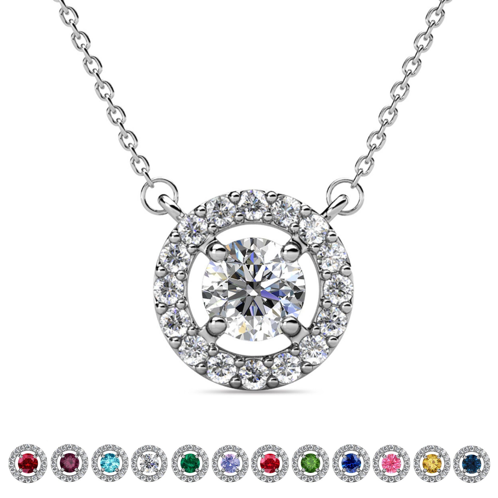 Royal Birthstone 18k White Gold Plated Halo Necklace with Round Cut Swarovski Crystals