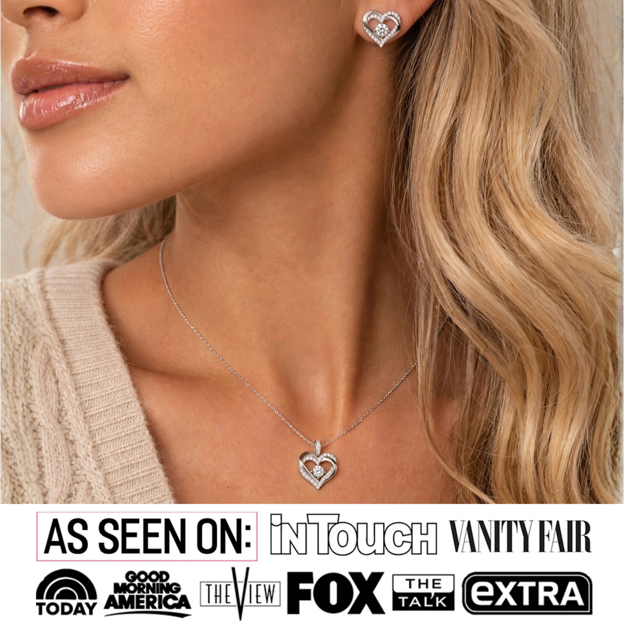 Forever Birthstone 18k White Gold Plated Silver Double Heart Earrings and Necklace Set with Swarovski Crystals
