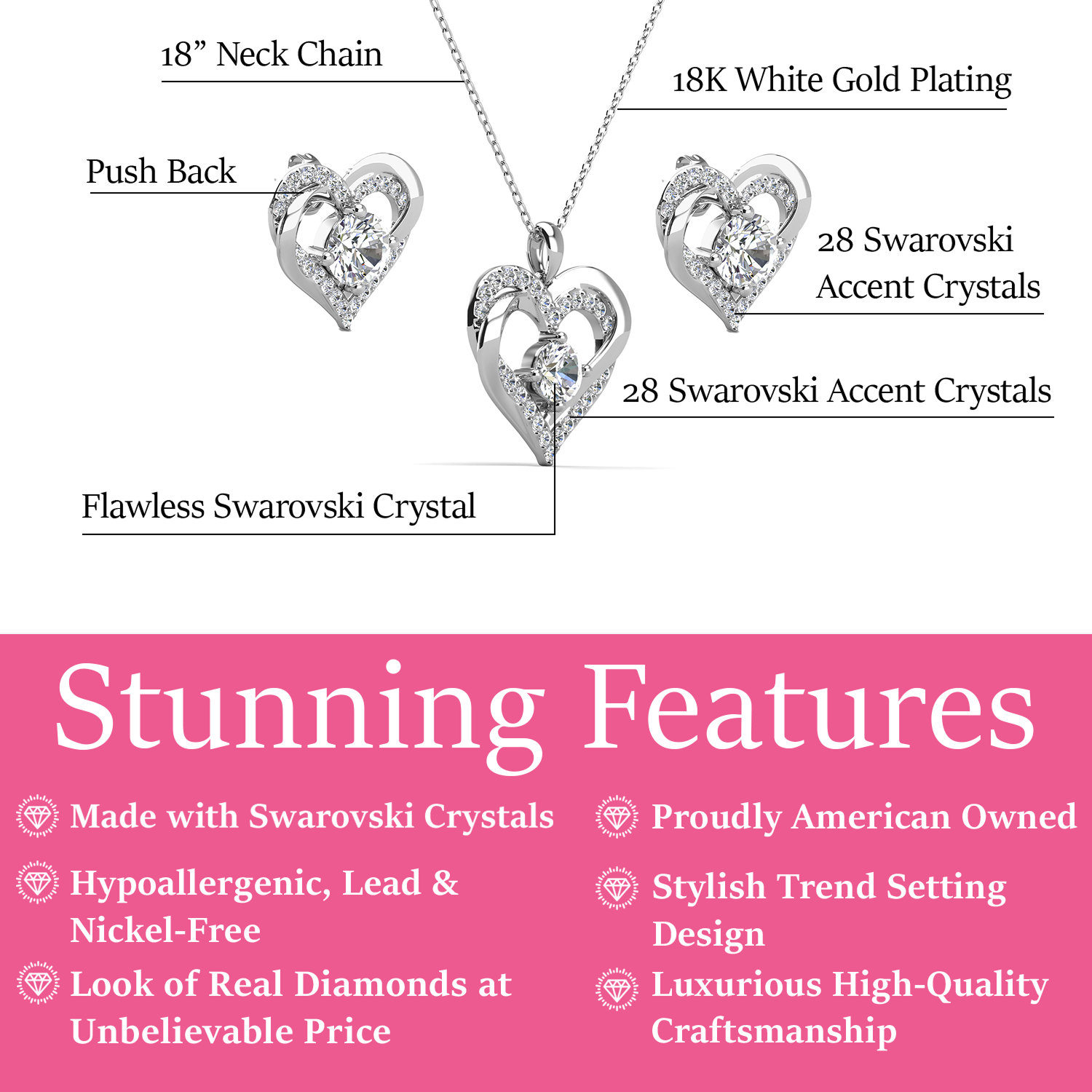 Forever Birthstone 18k White Gold Plated Silver Double Heart Earrings and Necklace Set with Swarovski Crystals