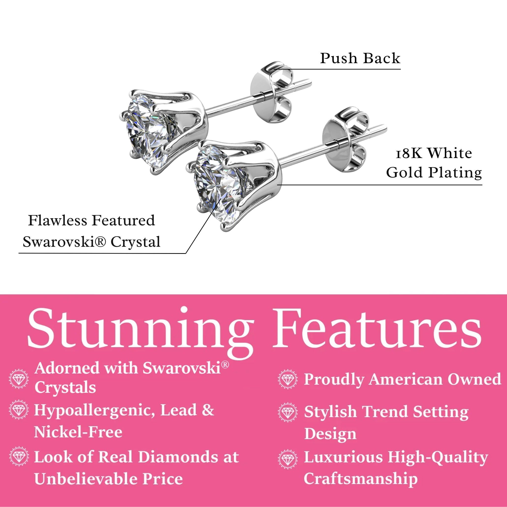 Birthstone Earrings 18k White Gold Plated Stud Earrings with 1ct Solitaire Swarovski Crystals