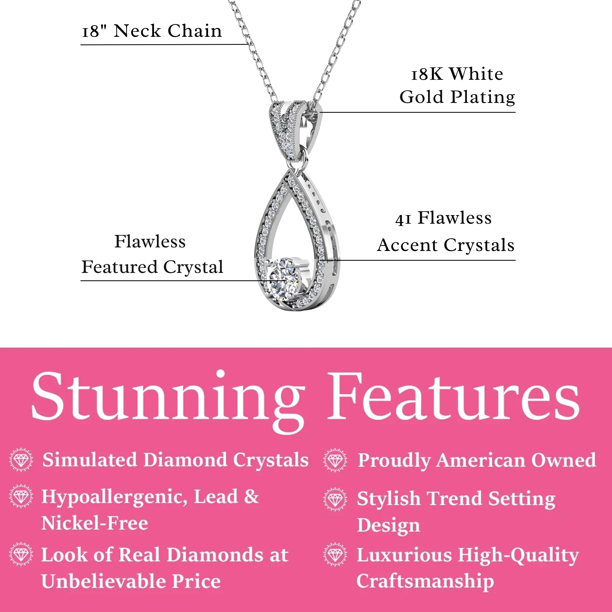 Arabella 18k White Gold Plated Teardrop Necklace with Simulated Diamond Crystals