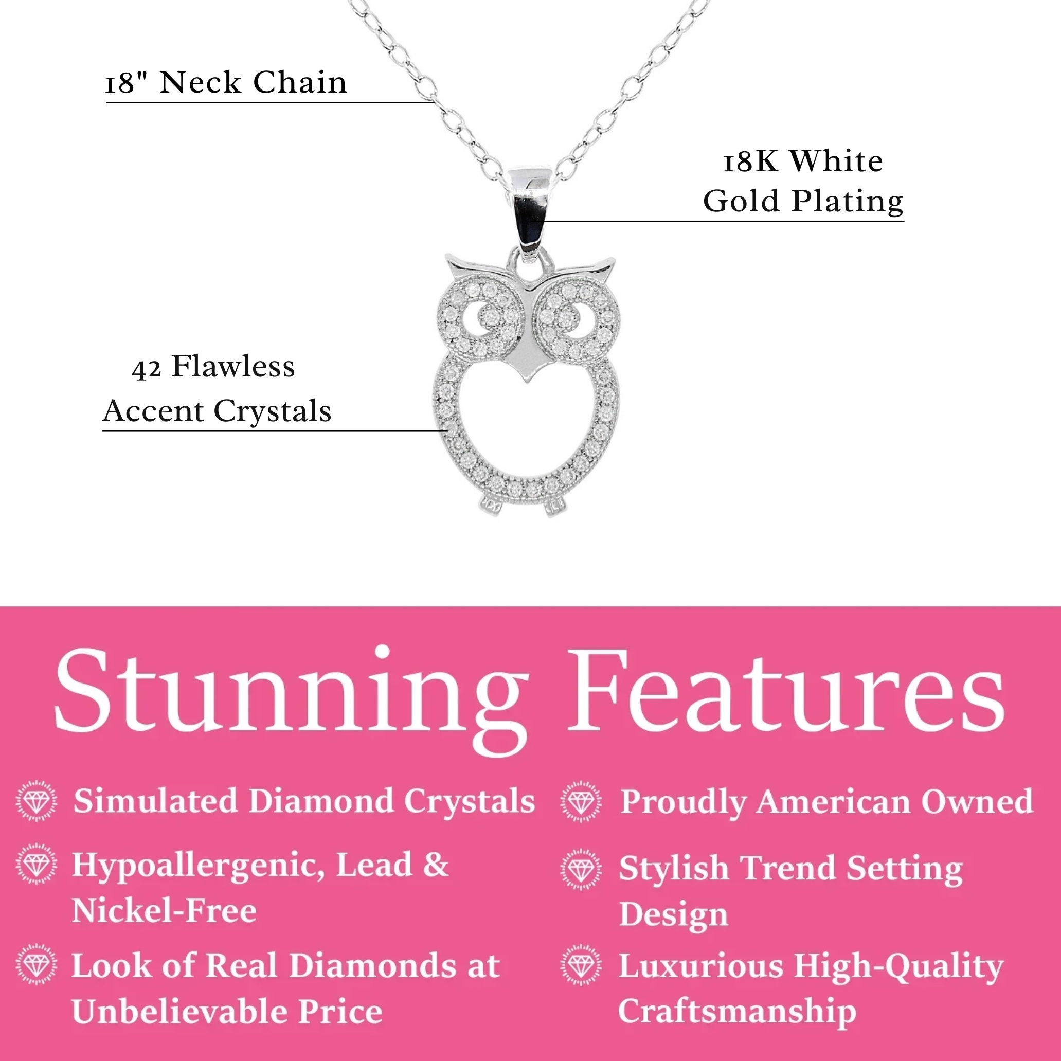 Ari 18k White Gold Plated Owl Pendant Necklace with Simulated Diamond Crystals