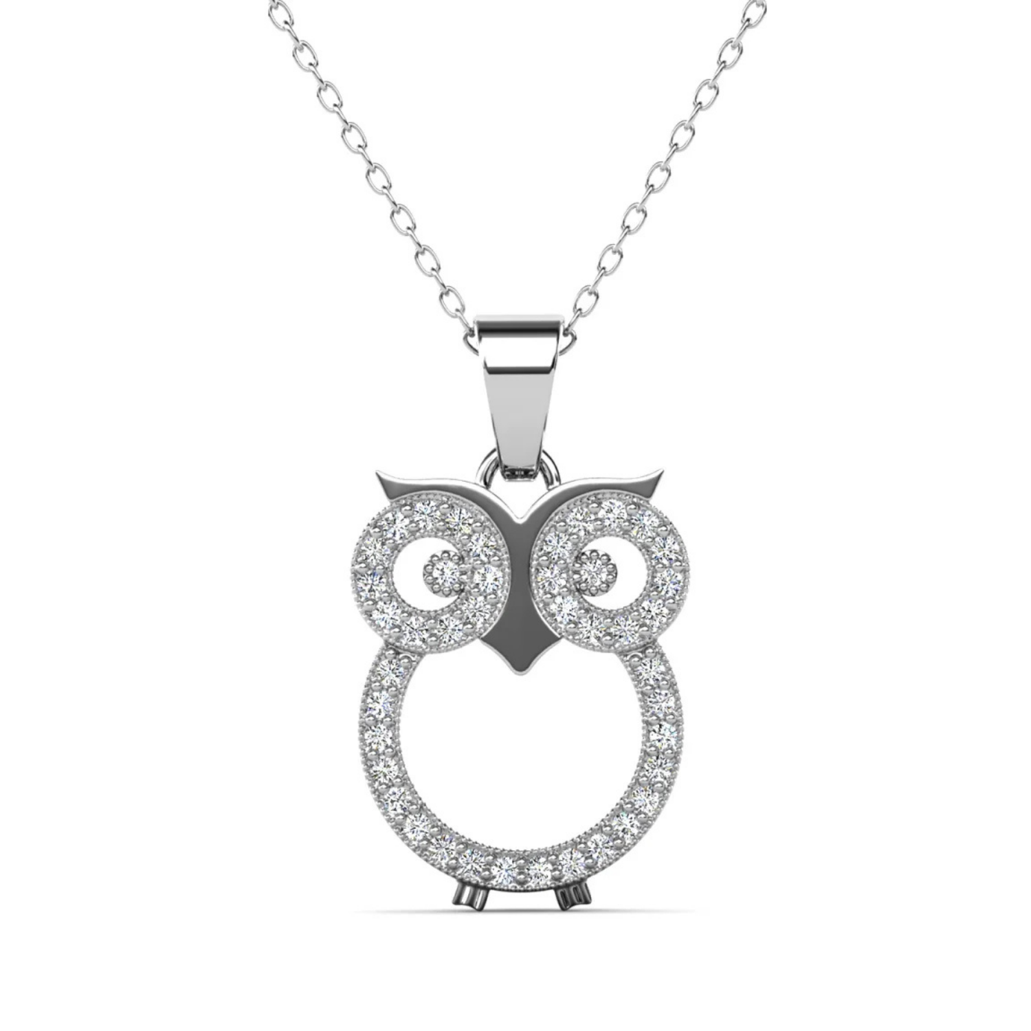Ari 18k White Gold Plated Owl Pendant Necklace with Simulated Diamond Crystals