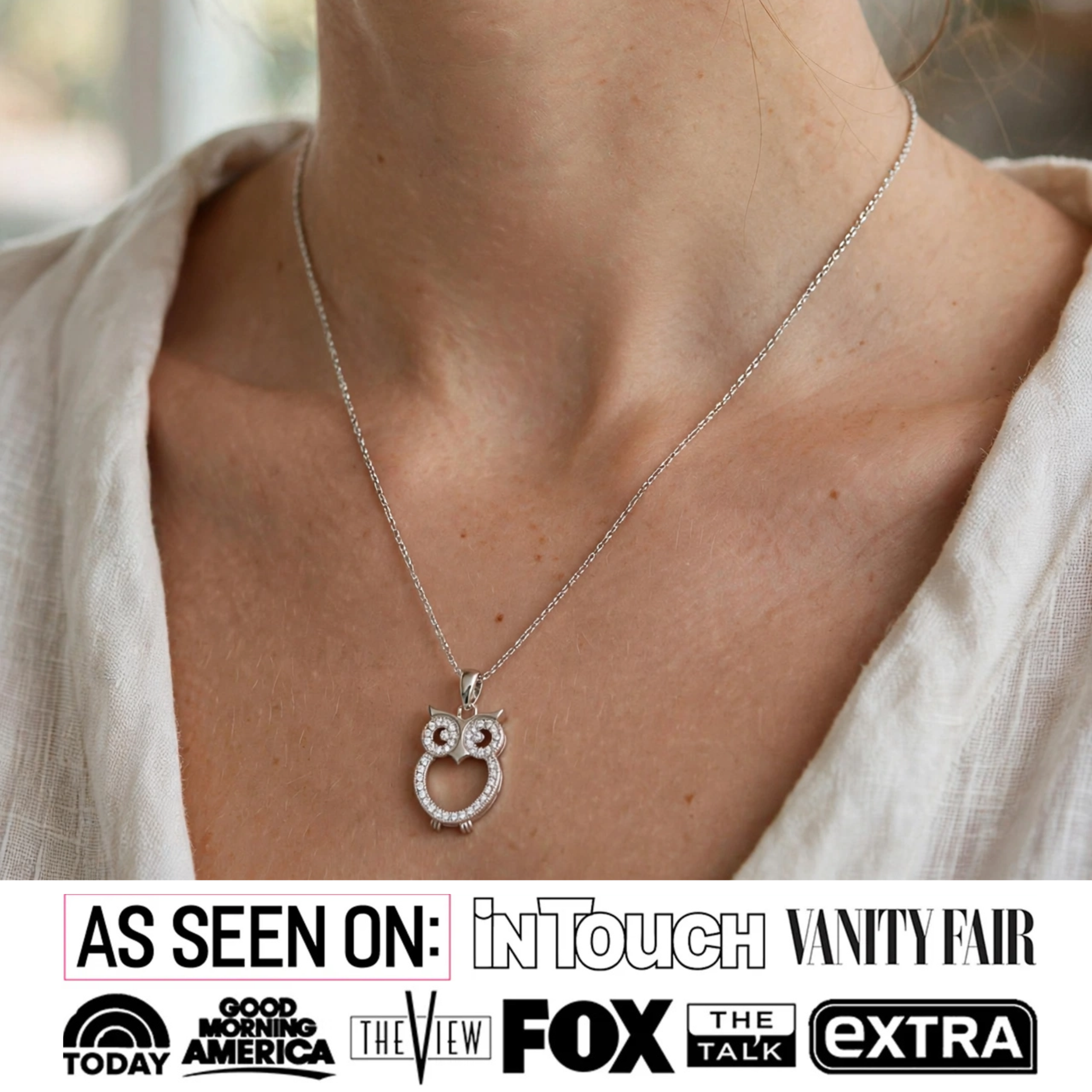 Ari 18k White Gold Plated Owl Pendant Necklace with Simulated Diamond Crystals