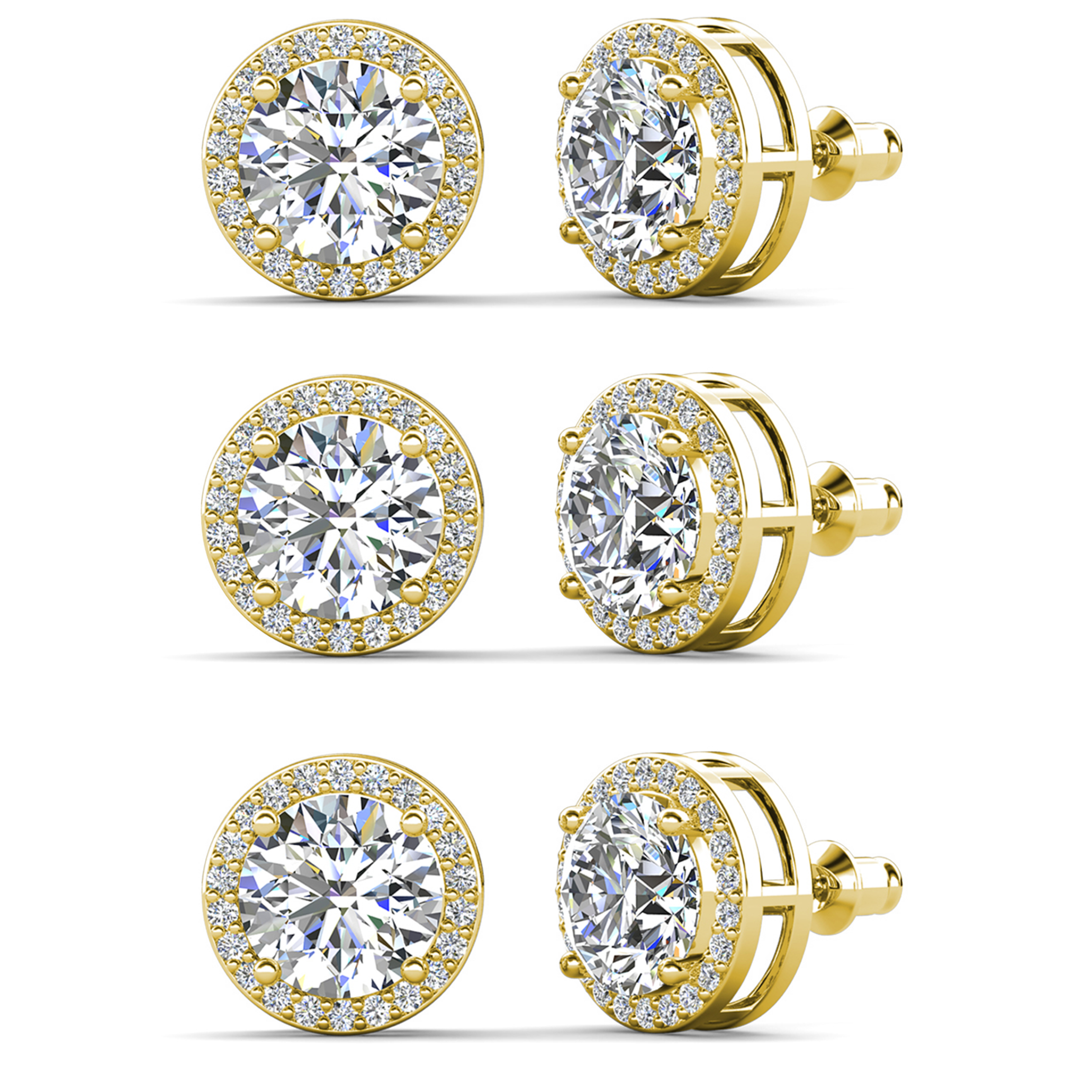 Ariel 18k Gold Plated Stud Earrings with Simulated Diamond Crystals (3 Pair Set)