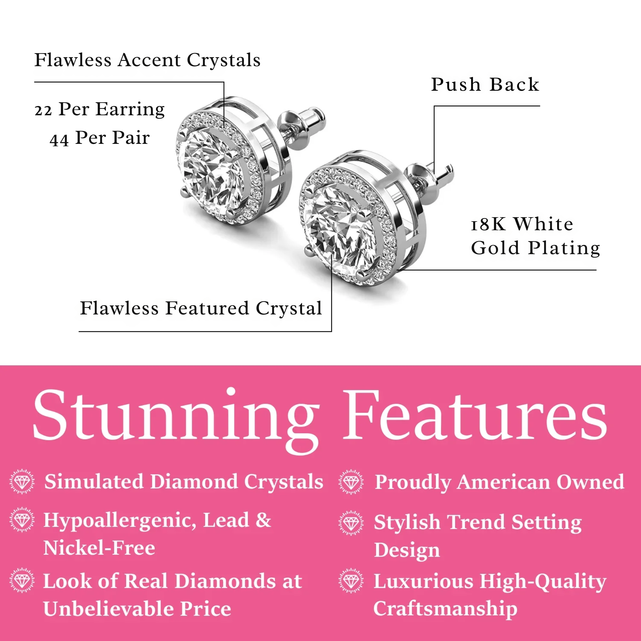 Ariel 18k White Gold Plated Halo Stud Earrings with Simulated Diamond Crystals