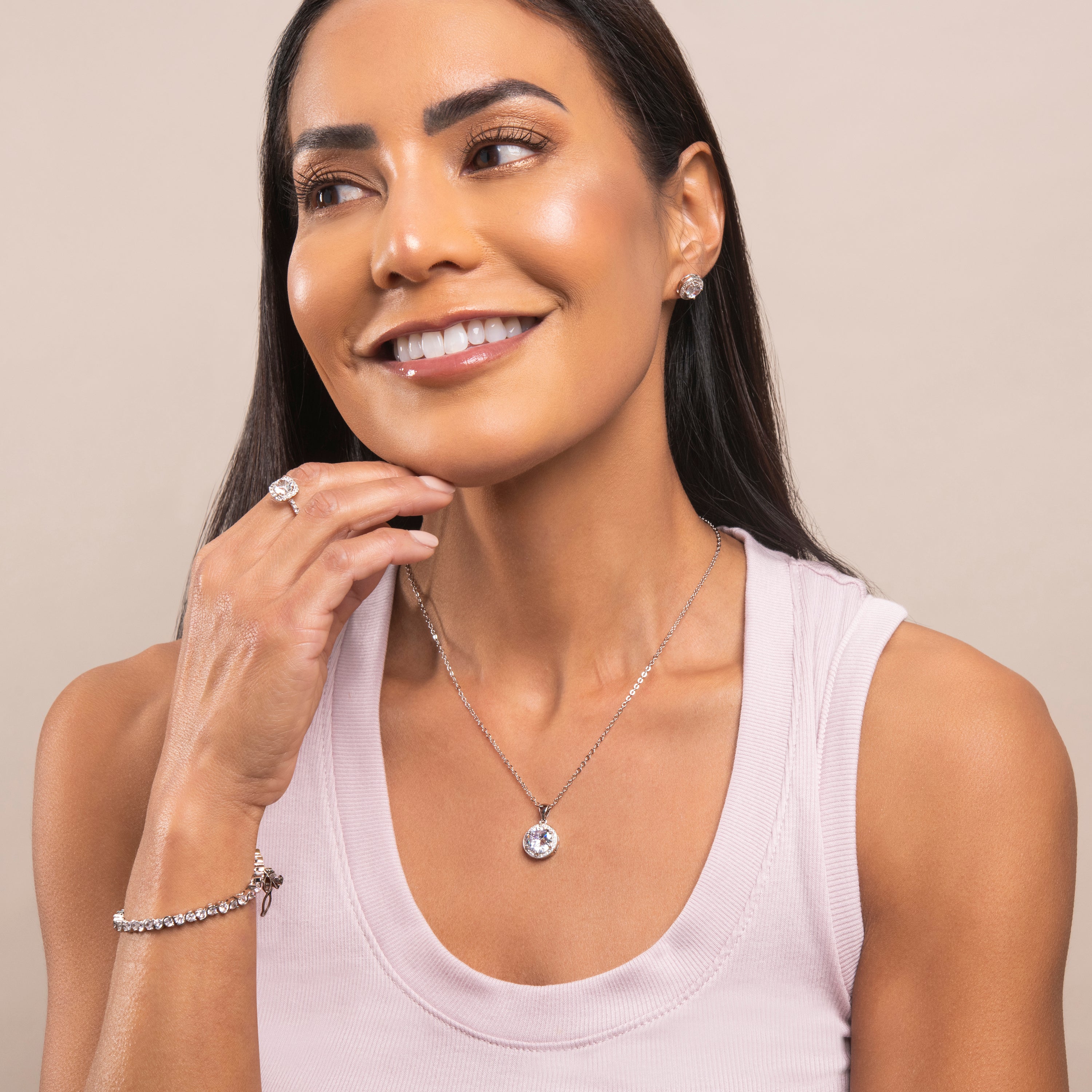 Ariel 18k White Gold Plated Halo Stud Earrings and Necklace Jewelry Set with Simulated Diamond Crystals
