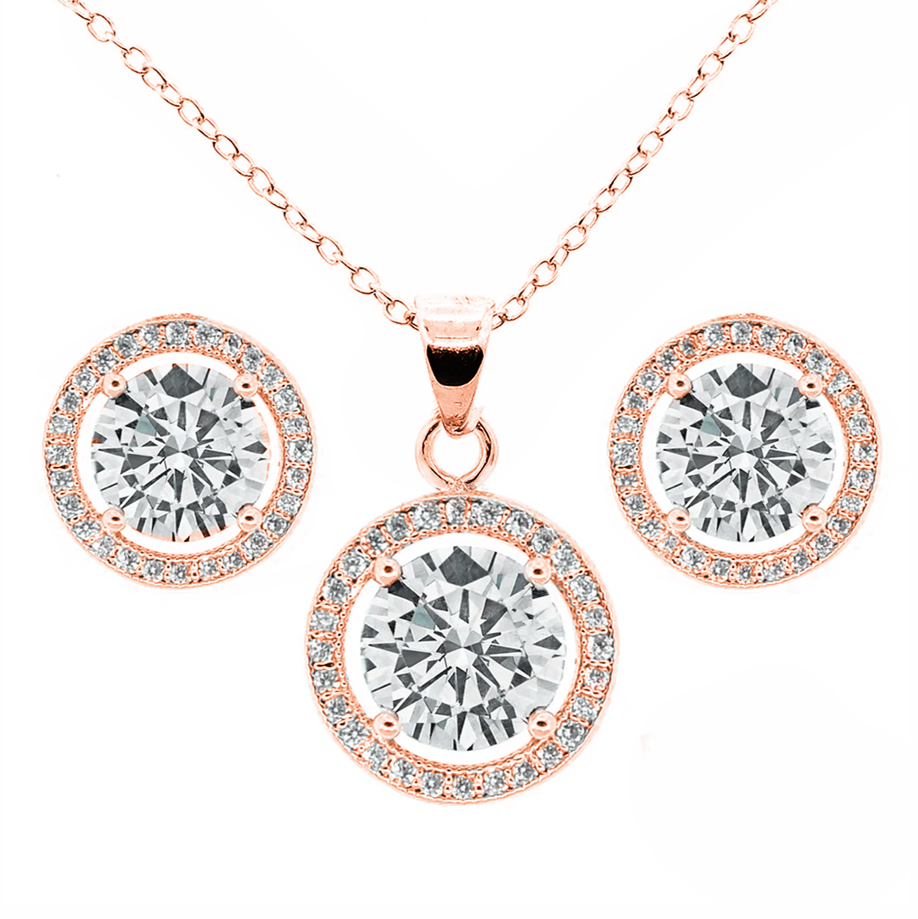 Ariel 18k White Gold Plated Halo Stud Earrings and Necklace Jewelry Set with Simulated Diamond Crystals