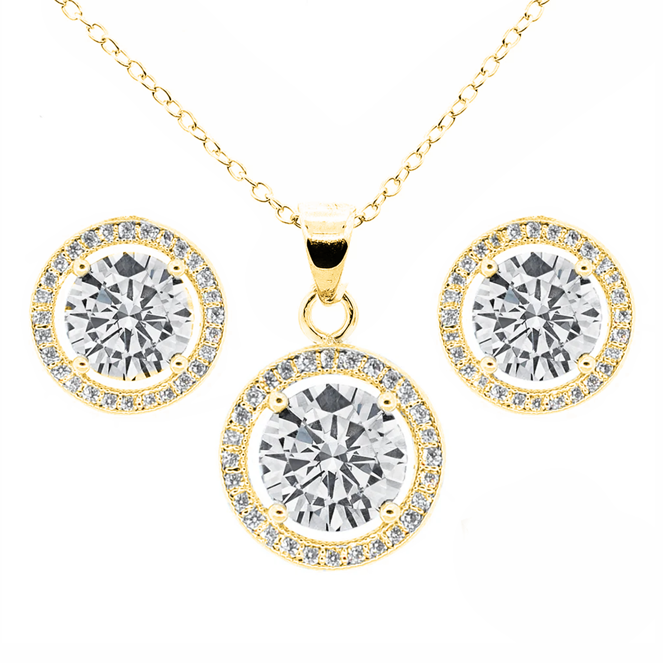 Ariel 18k White Gold Plated Halo Stud Earrings and Necklace Jewelry Set with Simulated Diamond Crystals