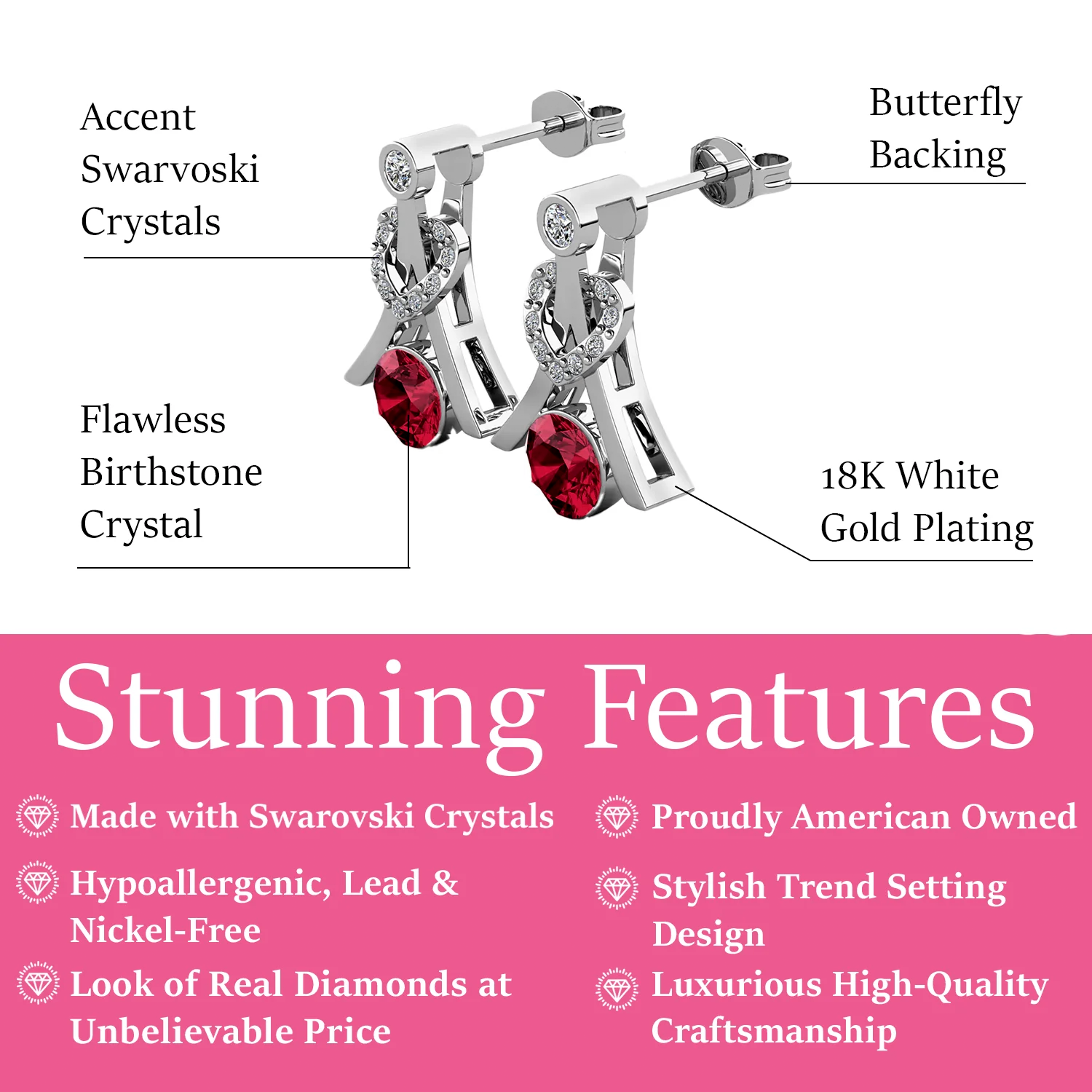 Serenity Birthstone 18k White Gold Plated Drop Earrings with Round Cut Swarovski Crystals