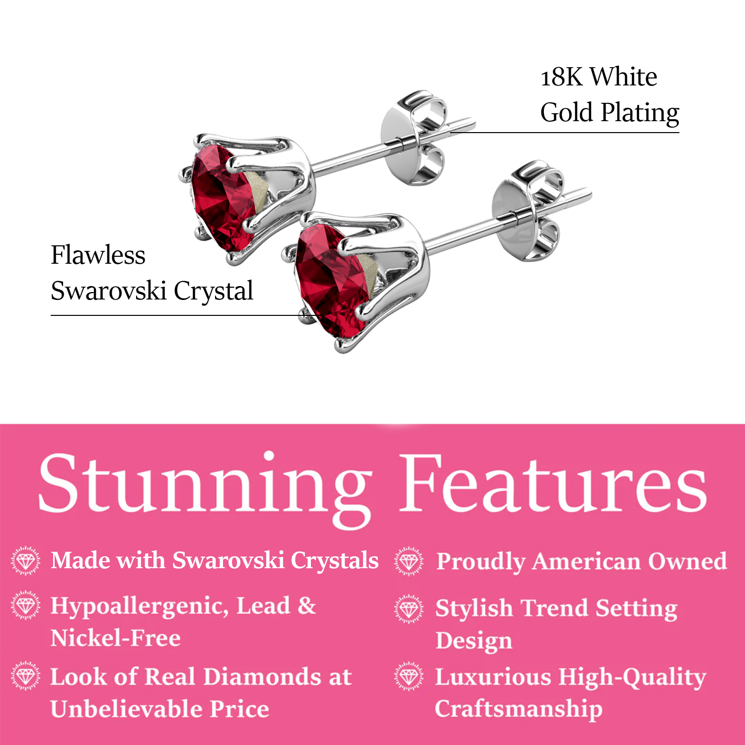 Birthstone Earrings 18k White Gold Plated Stud Earrings with 1CT Solitaire Swarovski Crystals